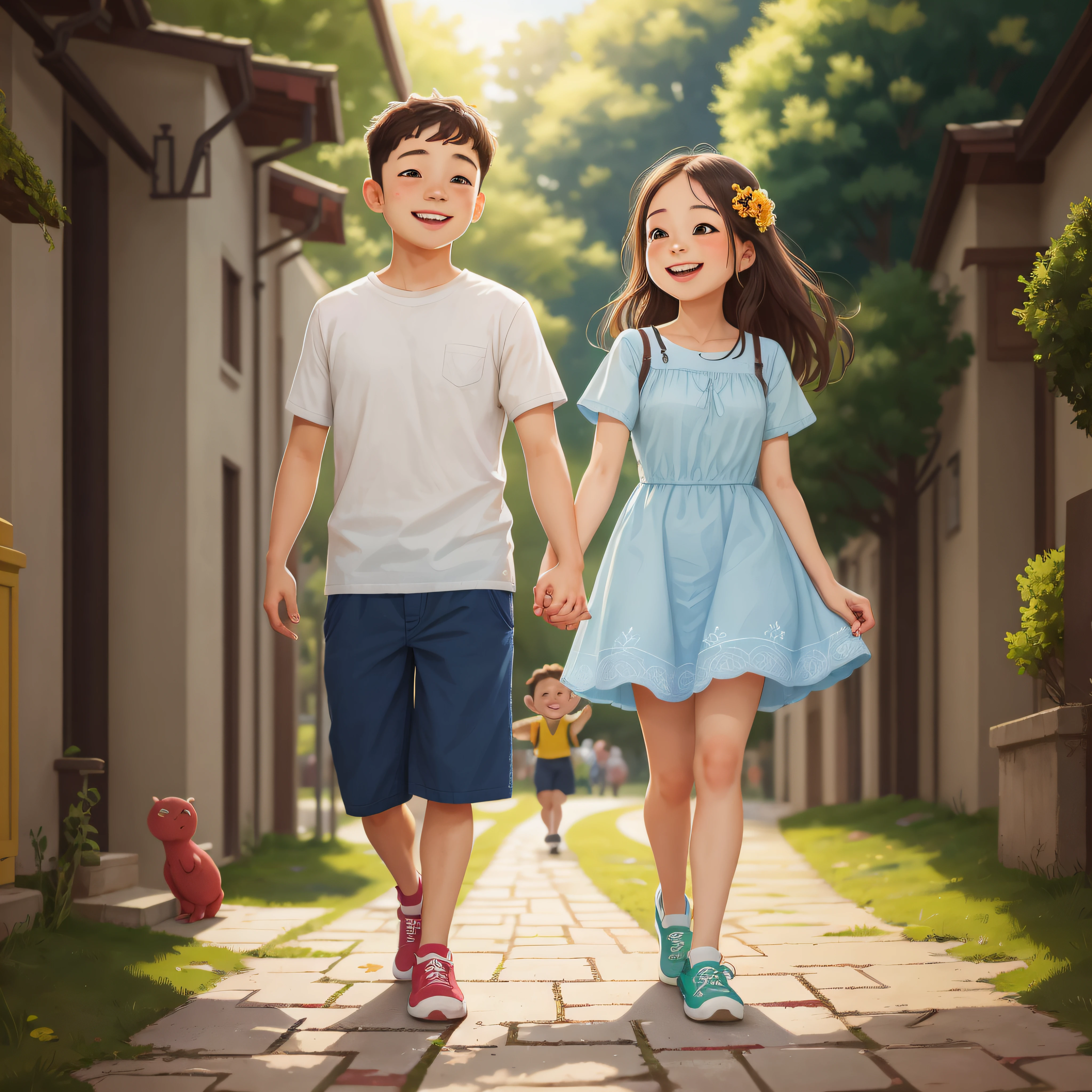 two childhood couples walked hand in hand on the campus path, smiling brightly, happy, perfect quality, clear focus (clutter - home: 0.8), (masterpiece: 1.2) (realistic: 1.2) (bokeh) (best quality) (detailed skin: 1.3), (intricate details) (8K) (detailed face), (detail eyes) (sharp focus), (happy), depth of field control method