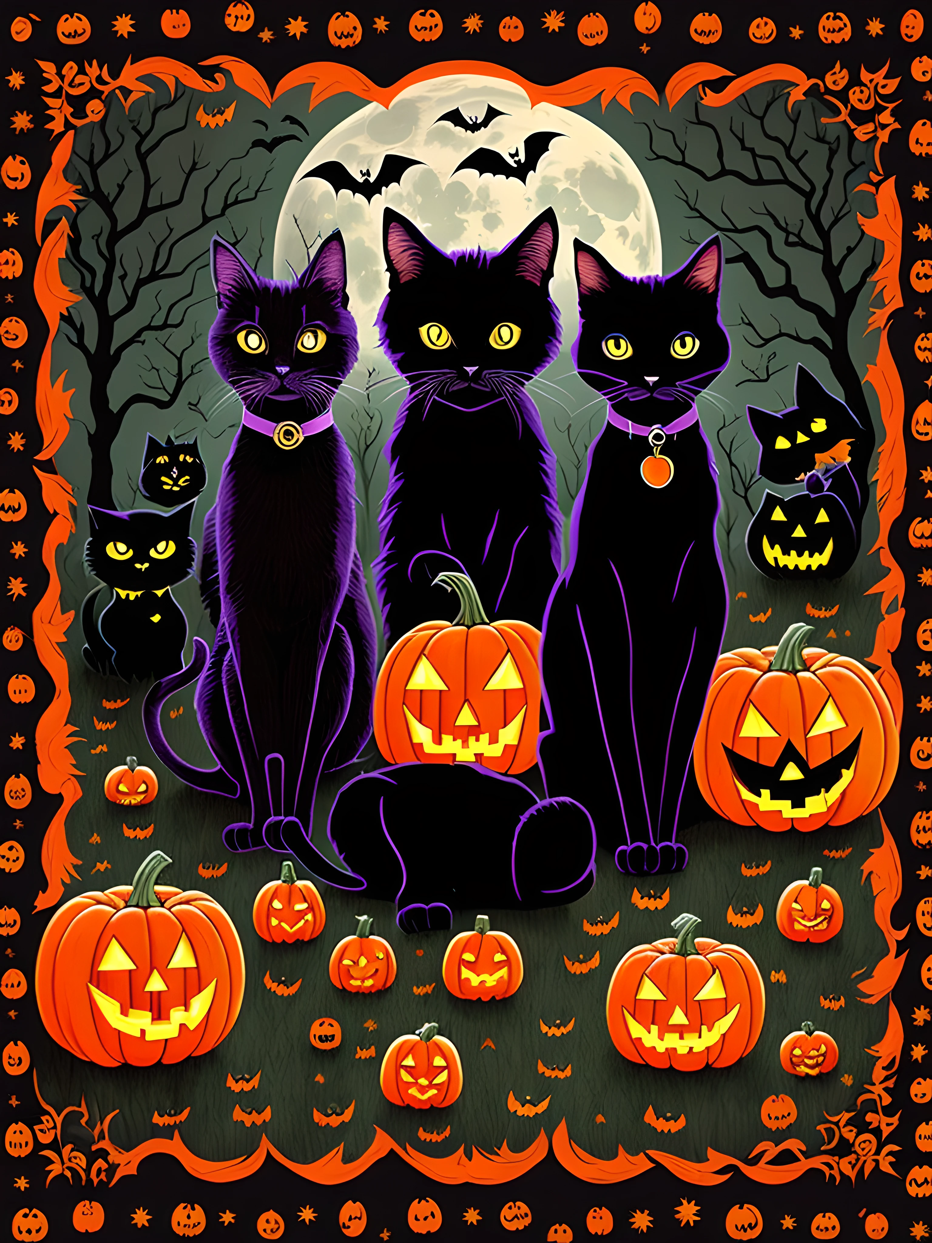 Halloween cat and pumpkin by the moon, black cats, halloween art style, halloween scene, spooky halloween night, scary detailed art in color, halloween night, author:an illustration of by David B. Sorensen, author:Jennifer Bartlett, halloween celebration, catscatscats, halloween atmosphere, by Lena Alexander, meeting of the cats, beistle halloween decor, 3 0, Colorful horror art