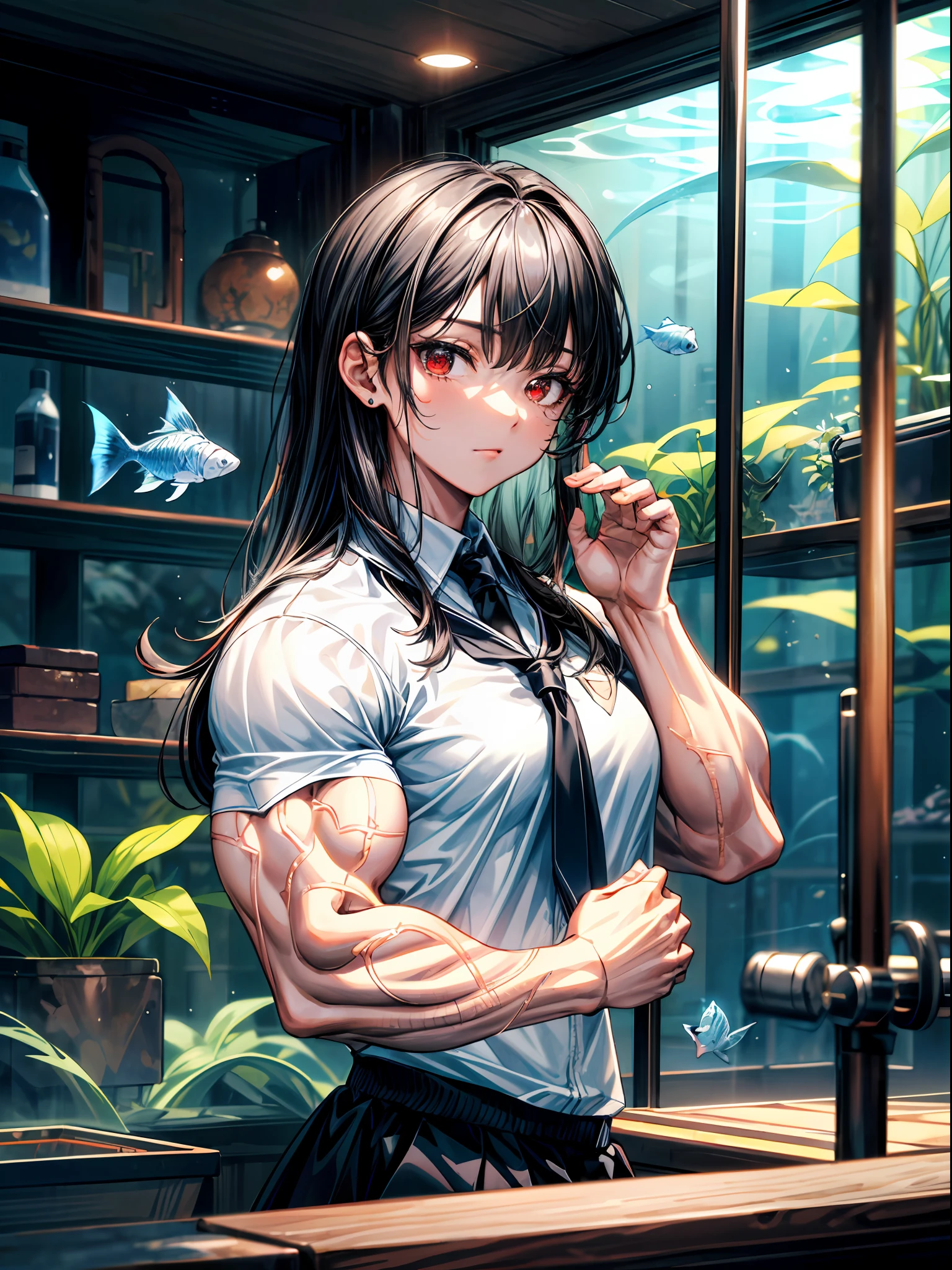 (best lighting) , (super-complex details) , 4K unified, (super-detailed CG: 1.2) , (8K: 1.2),(original), (masterpiece) , (best quality),(Masterpiece:1.4),Anime-ish high quality,(masterpiece),masterpiece, best quality, absurdres,((Masterpeace, 4k, 8k, highres)),(masterpiece), (best quality), (ultra-detailed), (an extremely delicate and beautiful), ((cowboy shot)), 1 woman, Yoru, beautiful face, detailed face, red eyes, scar on the cheek, long hair, black hair, school uniform, white shirt, black tie, dynamic pose, looking at viewer, on a aquarium, fish tank behind her, algae, marine life, blurred bottom, female focus, depth of field, full HD, high definition, high resolution



, ((body builder:1.5)),temple background,(beautiful bace),(girl),(female),(((upper body:1))),from front