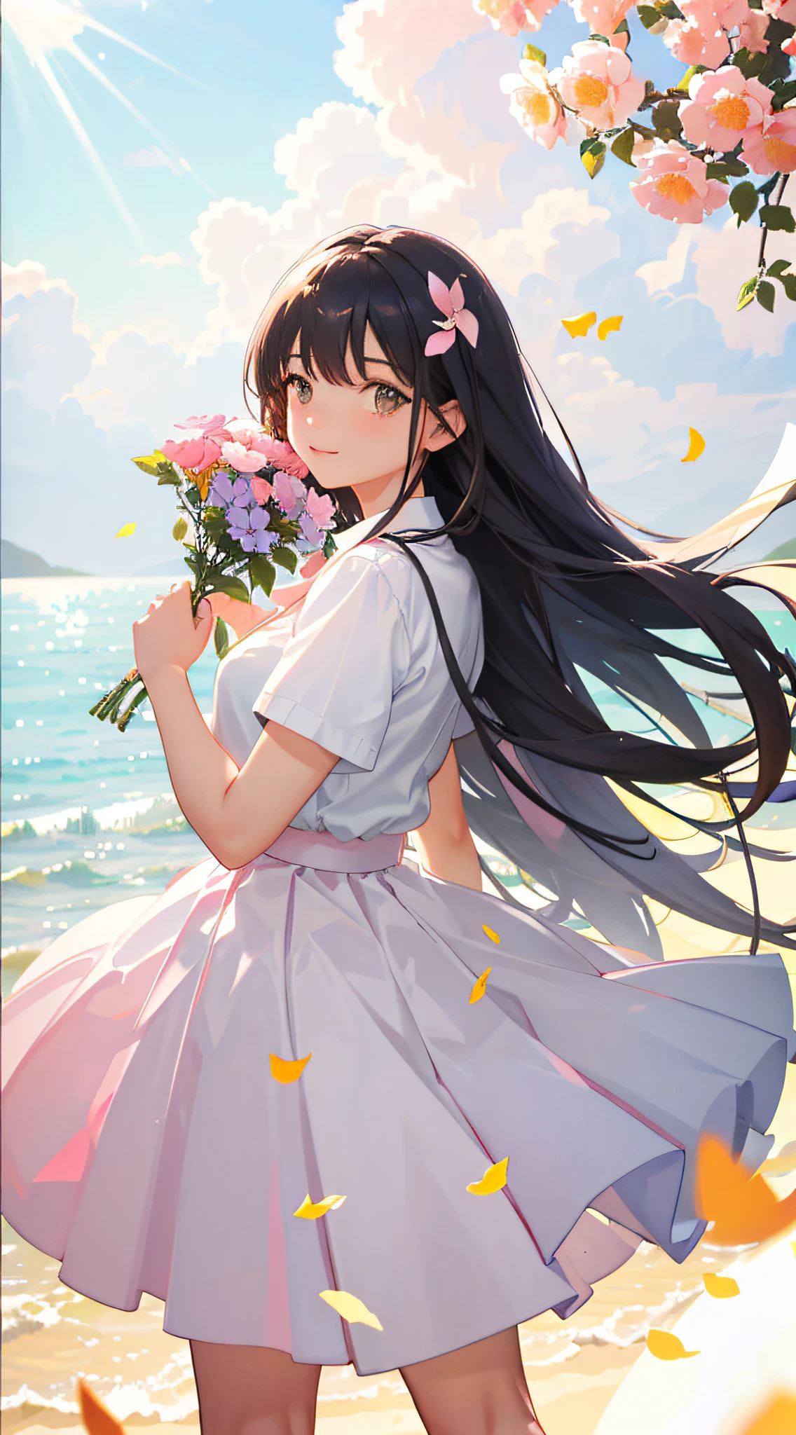 full bodyesbian,Holding pink flowers,Fluttering skirt,white skirt,rays of sunshine,Clouds,Brilliant light,best qualtiy,tmasterpiece