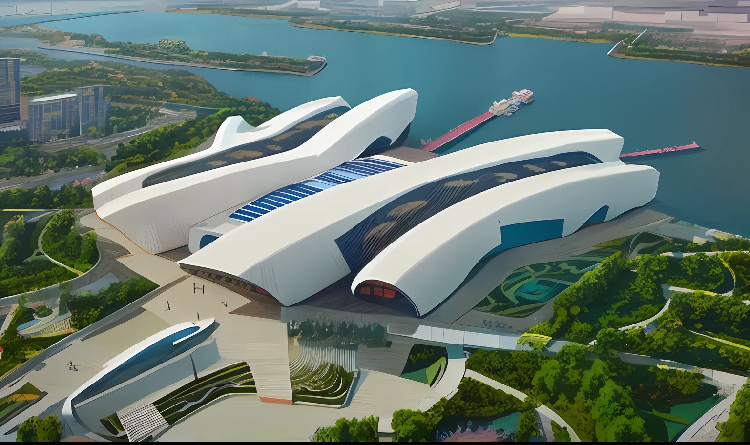 Tianjin National Maritime Museum,hand painted style,Sunnyday,There are fish swimming in the water,There are tourists on the ground,Philip Cox design style,Aerial view of the building