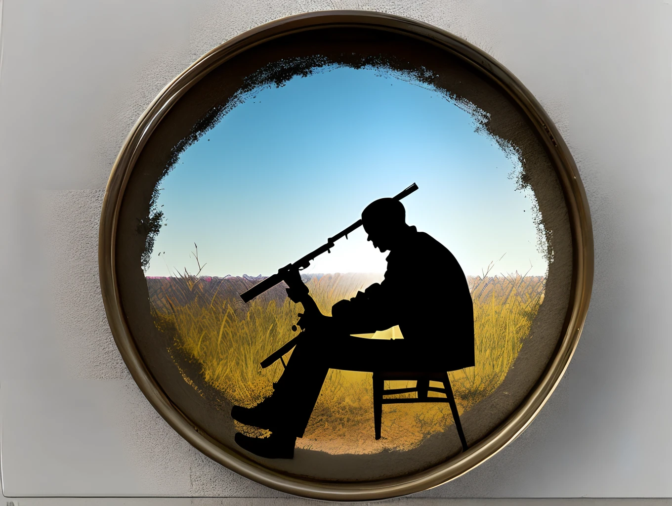 A man with a homemade gun sits on a metal frame, Melting core, metal, melted, Technology, artisans,quadratic element
