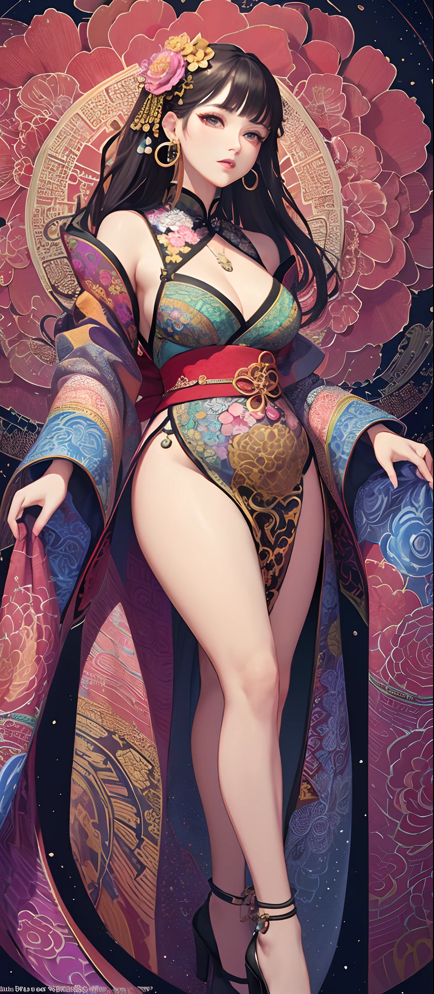 (masterpiece, top quality, best quality, official art, beautiful and aesthetic:1.2), (1girl:1.3), extremely detailed,(fractal art:1.1),(colorful:1.1)(flowers:1.3),highest detailed,(zentangle:1.2), (dynamic pose), (abstract background:1.3), (chinese Traditional cloth:1.2), (shiny skin), (many colors:1.4), ,(earrings:1.4),