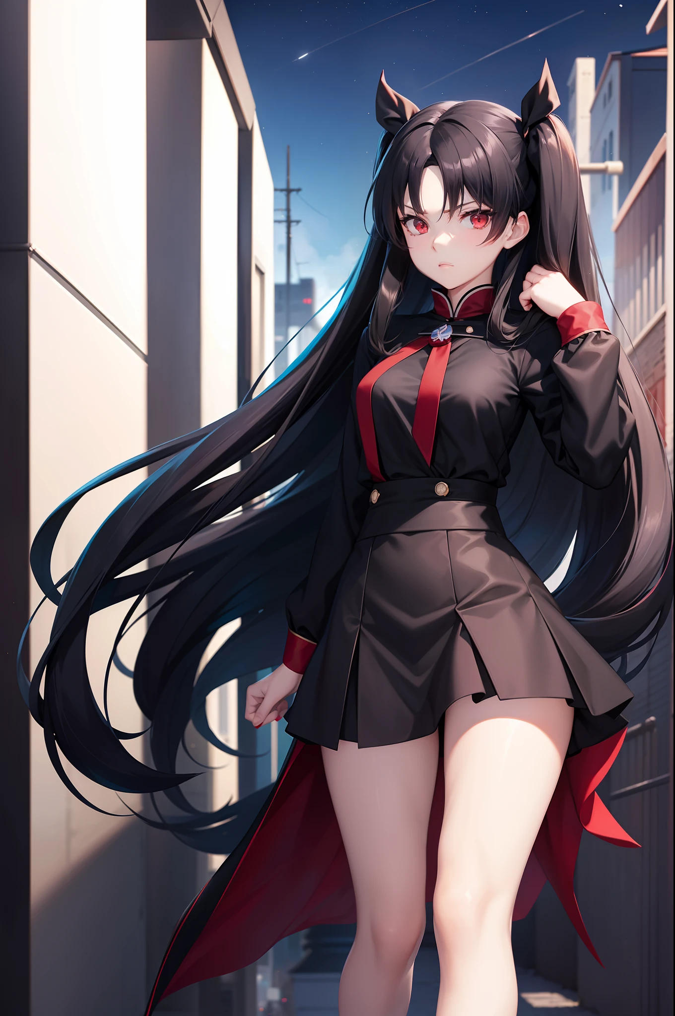 an anime girl, long black hair, twintails, rin tohsaka's bangs in fate staynight, Rin Tohsaka's face, wearing elegant black Japanese school uniform, long legs, wearing stockings, Night street background, rooftop, magic effect, turquoise eyes