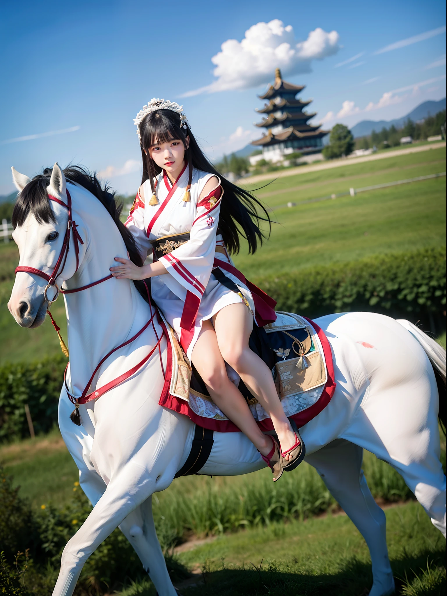 a beautiful teen-aged girl, Asian people, dressed white hanfu, Traditional Chinese patterns, Riding a white horse, Race through the fields, In the distance, White clouds connect the earth, Chinese Ancient Times, Shang Dynasty, The ratio of man to horse is correct, 135mm, Masterpiece, Super detail, Award-Awarded, Best quality, Anatomically correct,show legs,
