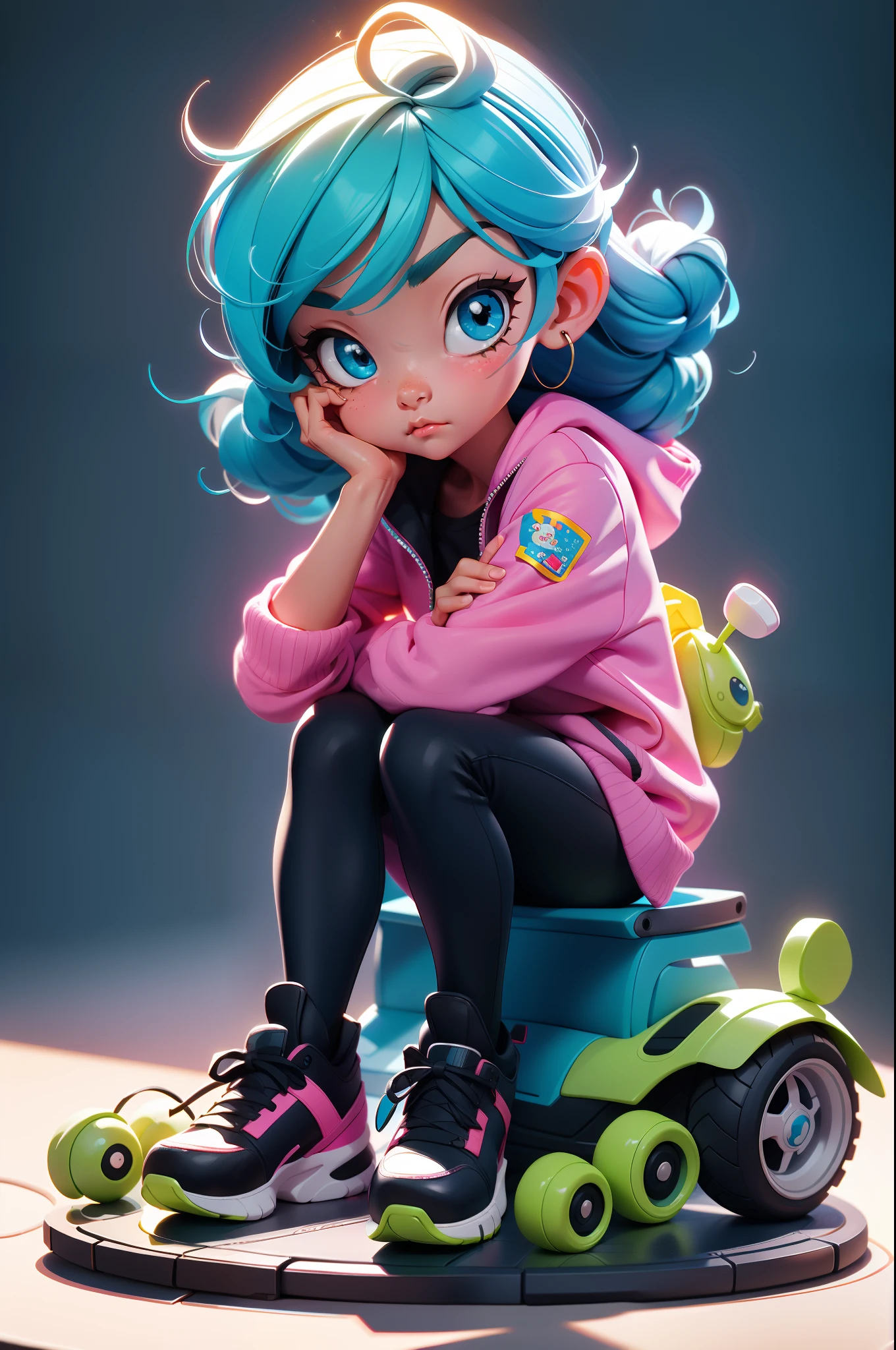pop mart,Model number,One child,The expression is lonely,sat on the ground,Head-to-body ratio 1:1,Plastic material,C4D,exquisite detailing,Cute shape,Exaggerated proportions,toy design,3Drenderingof,oc rendered,Best quality at best,4K,super detailing,front-facing view,POP market toy,studio lit,Q version style,predominant white color