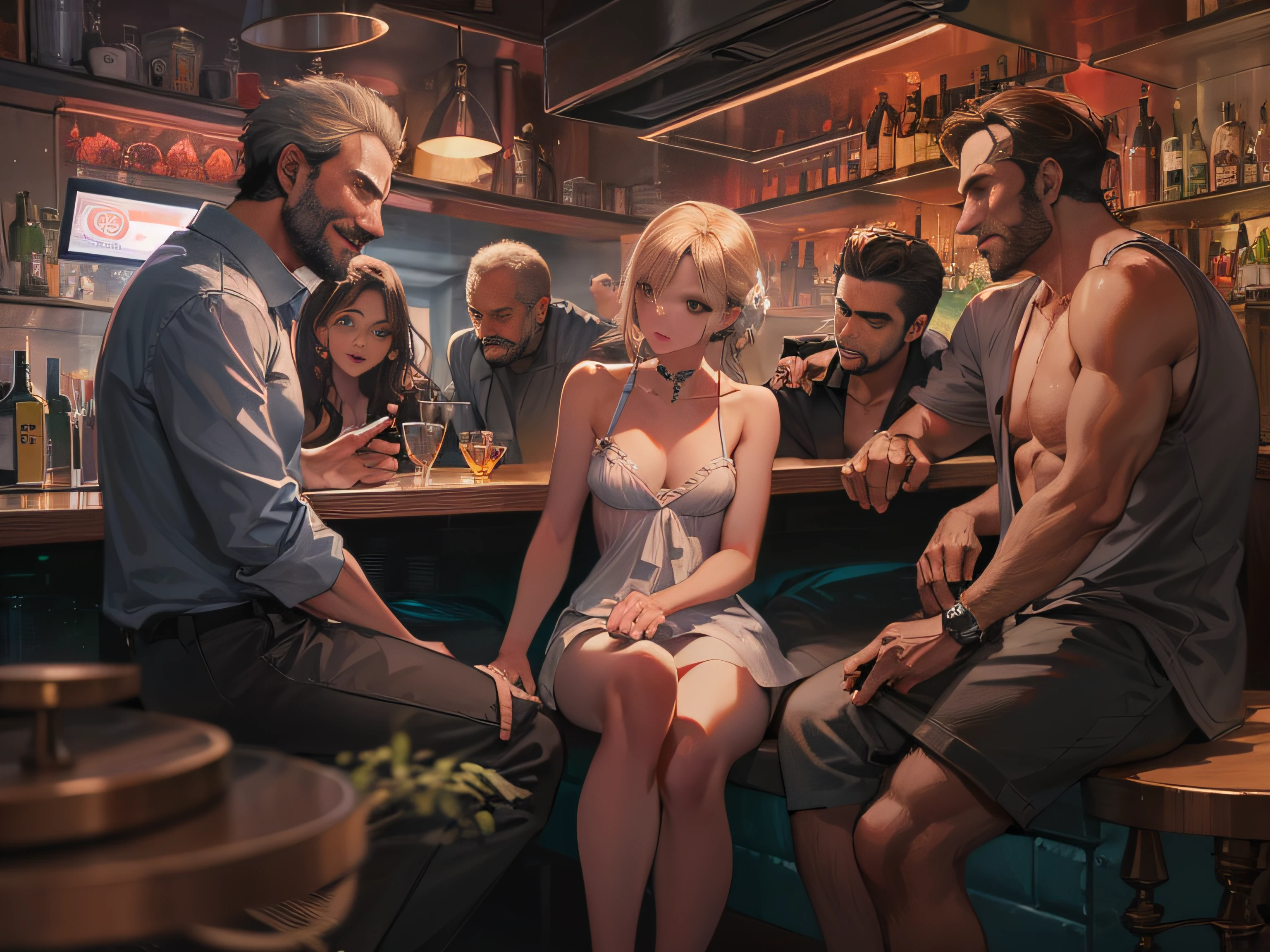 Four 40-year-old men with no clothes on，Surrounded by a 16-year-old girl，Inside a modern urban bar，grand master，tmasterpiece，8k wallpaper，CG，Ultra-high image quality