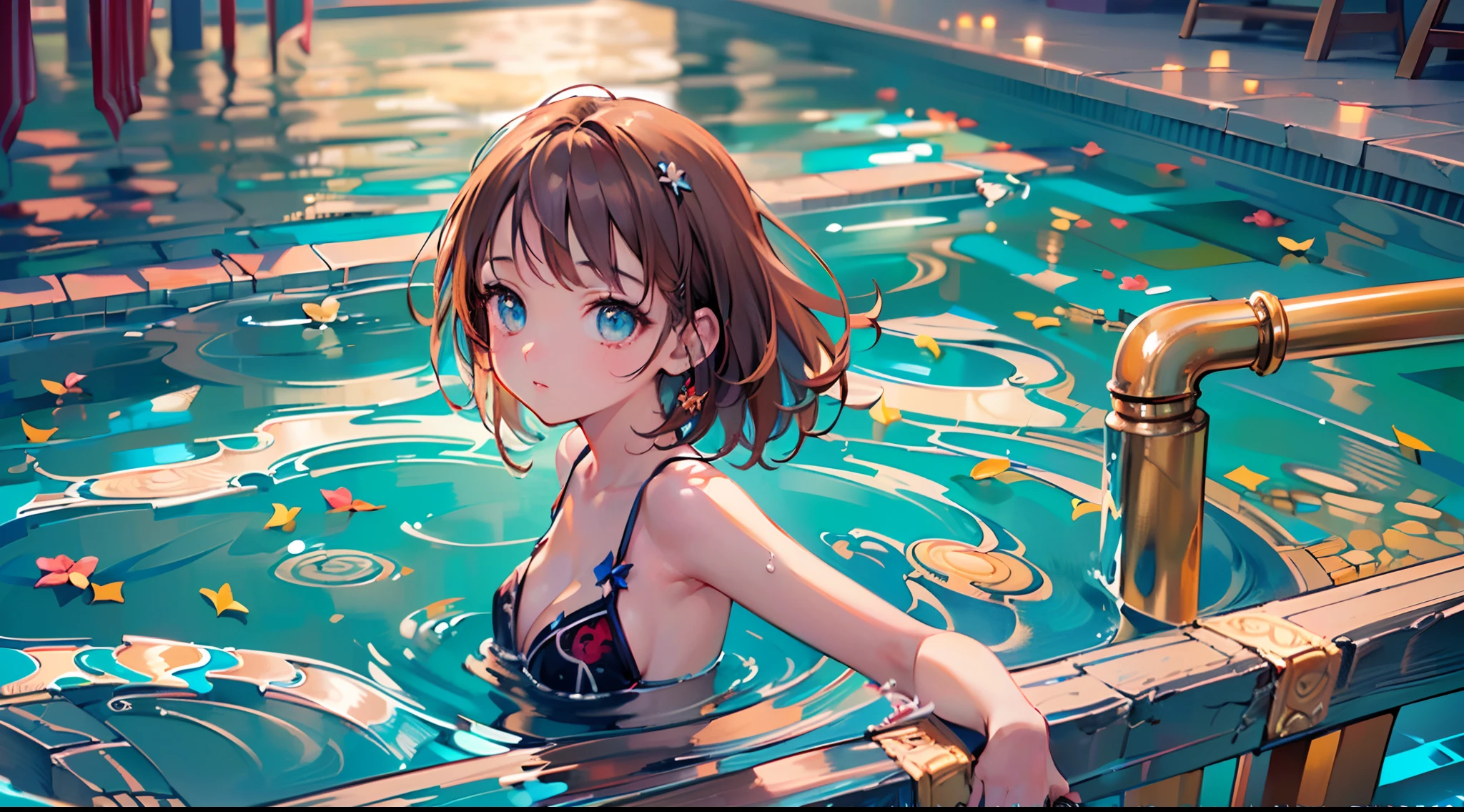 (Masterpiece, top quality, super detailed CG, ultra detailed beautiful face and eyes,super detailed, intricate details:1.2), 8k wallpapers, elaborate features,
(1 person, solo:1.4)perfect cartoon illustration,(1 person, solo:1.4),
1 girl, night pool, swimwear, full body illustration