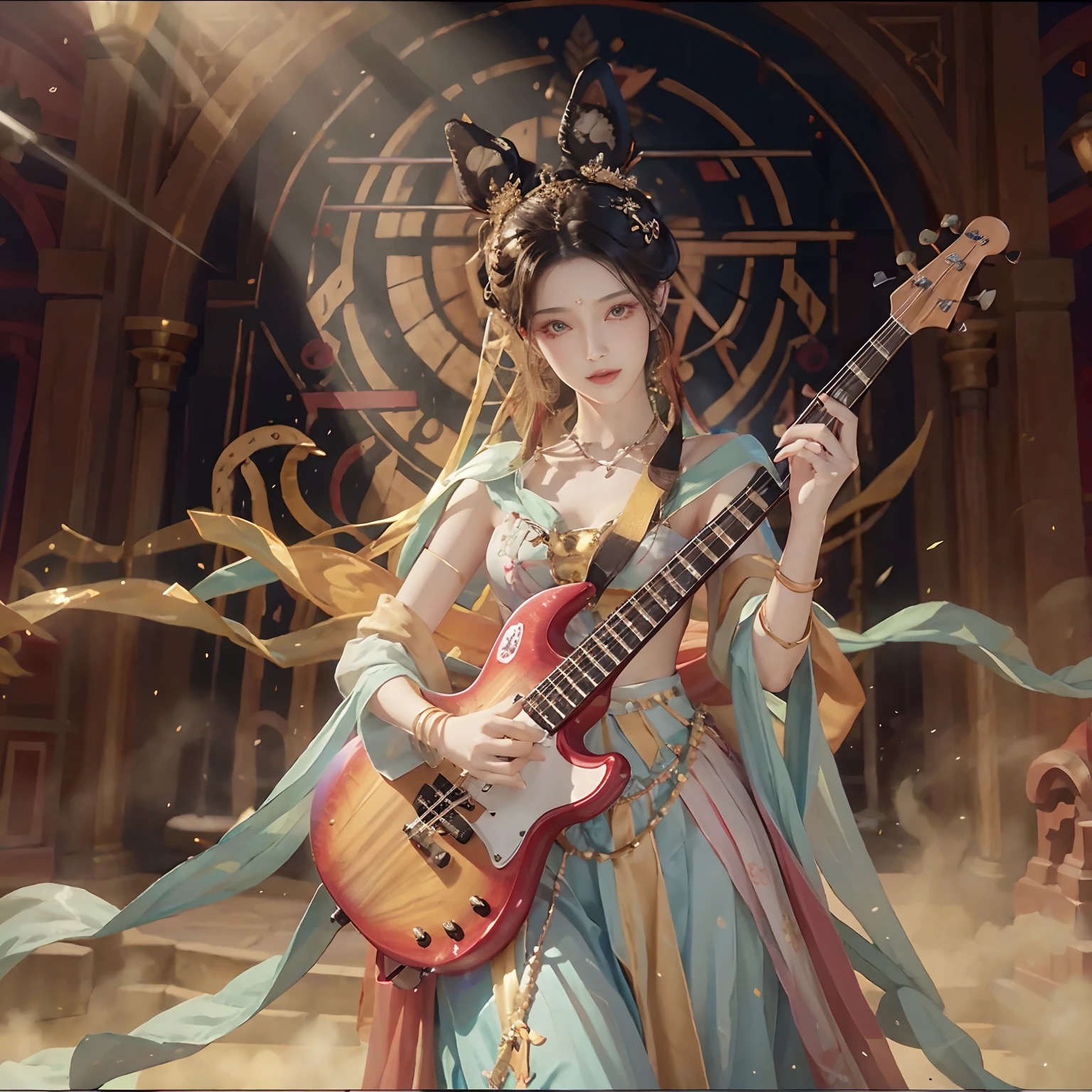 The seductive woman raises her hand happily　Perfect beauty　Beautiful white skin　beautidful eyes　looki at viewer　Glossy lips　Lovely smile　　There is an electric bass guitar　It stands　Functional　Earphone　Spaceship colorful costumes