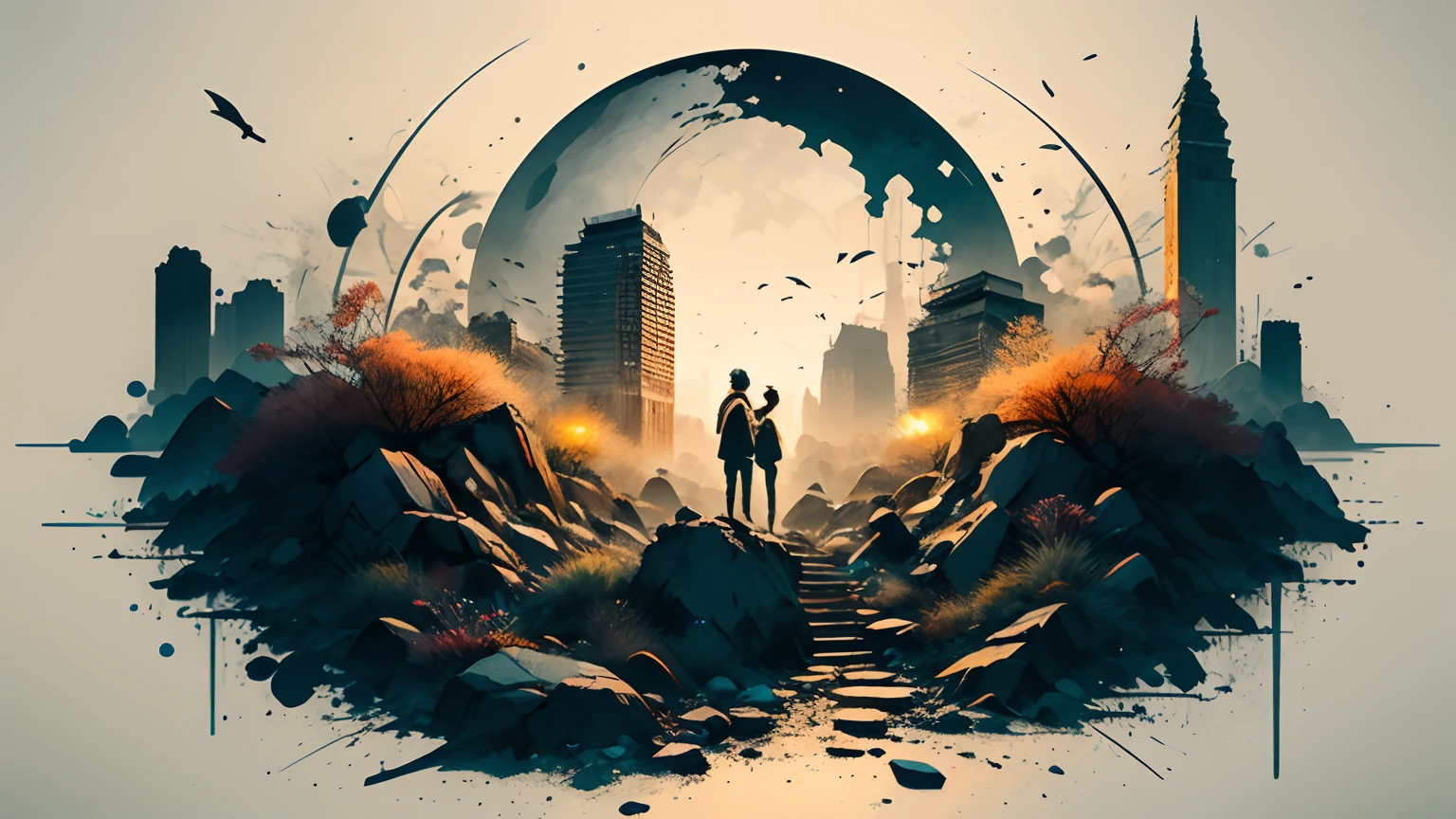 Absurd, high resolution, ultra-detailed, (1 girl:1.3), broken, design a beautiful temple scene, intricate architecture, lush gardens, and a sense of peace and spirituality. Broken, creating an image of a destructive demon with terrifying features, dark powers, and a thirst for chaos and destruction. Broken, designed with a fisheye effect image that captures a wide field of view with a unique curved viewing angle. Break to create rooftop views in urban environments with panoramic cityscapes, dramatic skylines, and a sense of elevation. Break , illustrating the tender moments between parents and children, capturing their bonds, love, and connection. Broken, using pointillism to illustrate images, carefully placed tiny dots of color to create a cohesive and visually stunning whole.