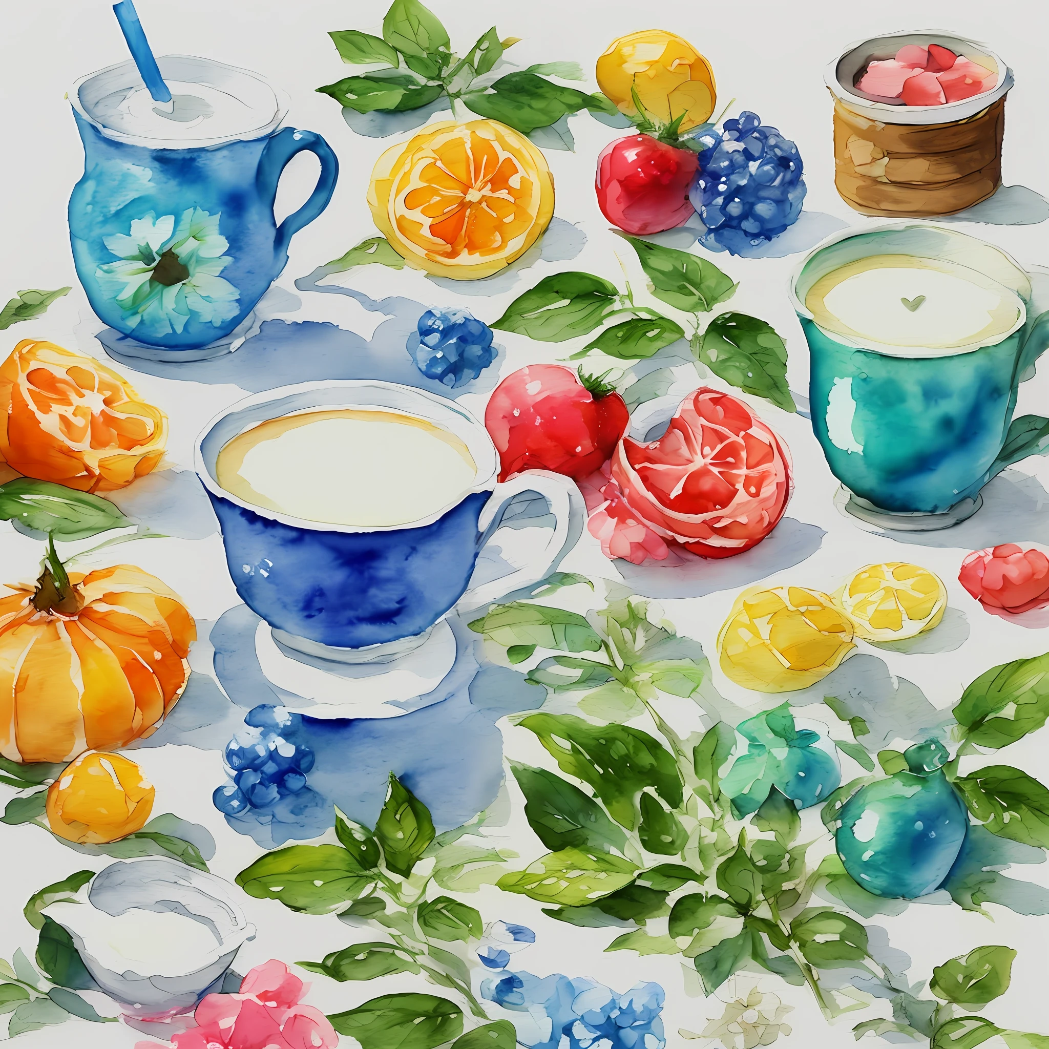 Jasmine soy milk combination cartoon cute with artistic sense Painted with colored lead watercolor High saturation Cool color Strong purpose