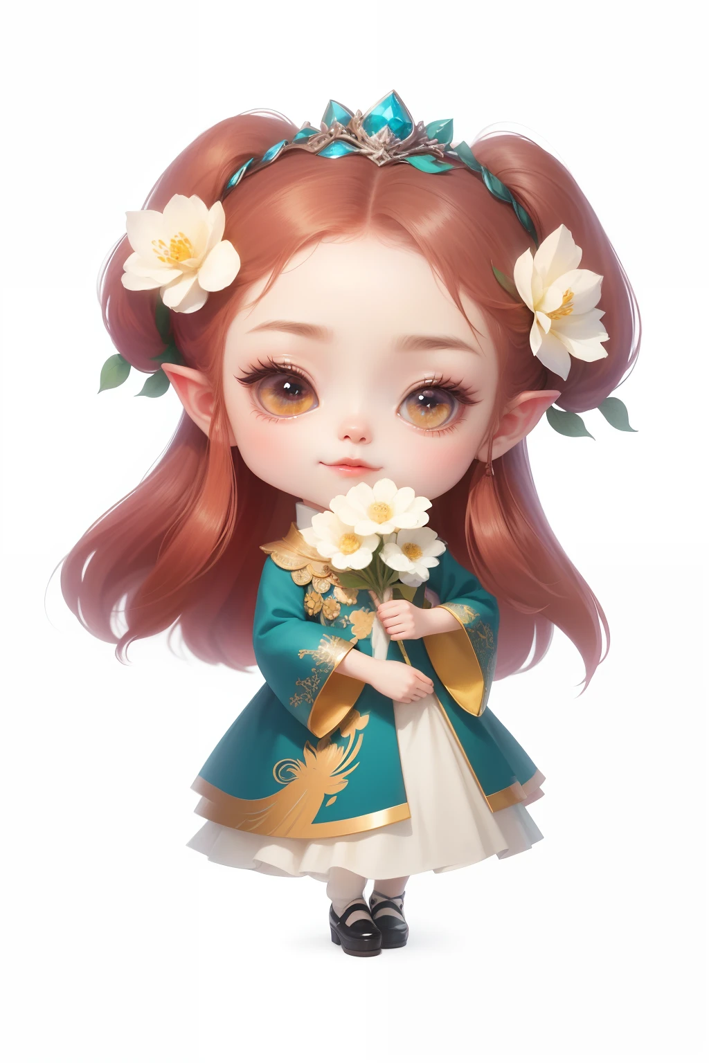 Chinese shoes,white limbo,Pattern,Pedras preciosas,Refinement,8K,ssmile,Very cheerful,(elvish ears)spiky,voluminous hair(the detail),(The texture of the clothes is soft),(adorable eyes)Round round,full bodyesbian,Perfect quality, (tmasterpiece:1.2) (detailedskin:1.3) (intricately details) (8K) (detailedeyes) (Sharp focus), (Out of sorts)Exquisite painting,lovely digital painting,anime styled digital art,style of anime。