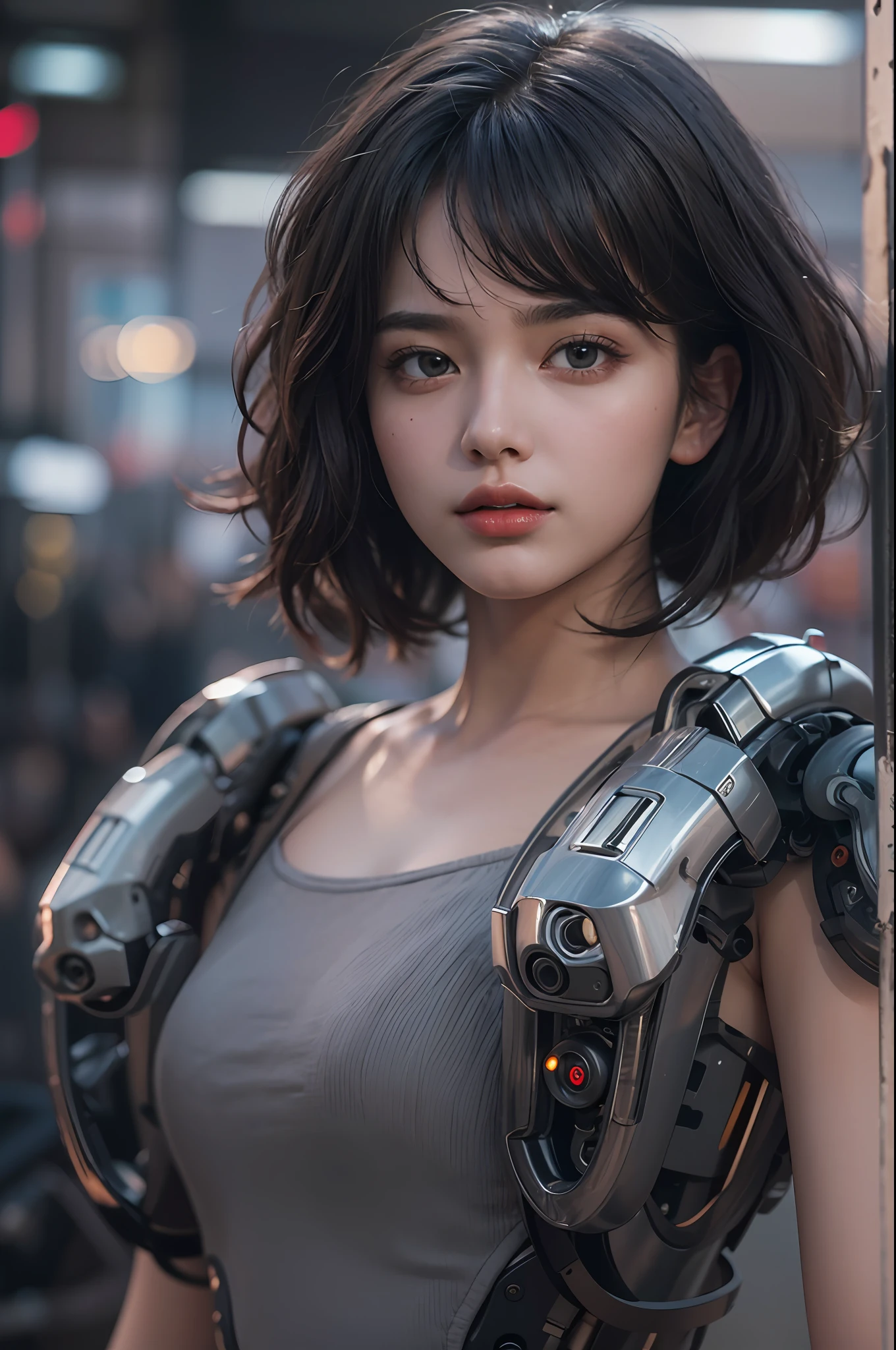 ((Masterpiece))), ((Best Quality))), ((Ultra Detailed)), (Ultra Real), (Highly Detailed CG Illustration), Cinematic Light, Realistic, Very Beautiful Young Lady, (Beautiful Face and Lips), Intricate Details, Full View, Weapon, Robotic Arm, Cinematic Quality, Full Body, Short Black Hair
