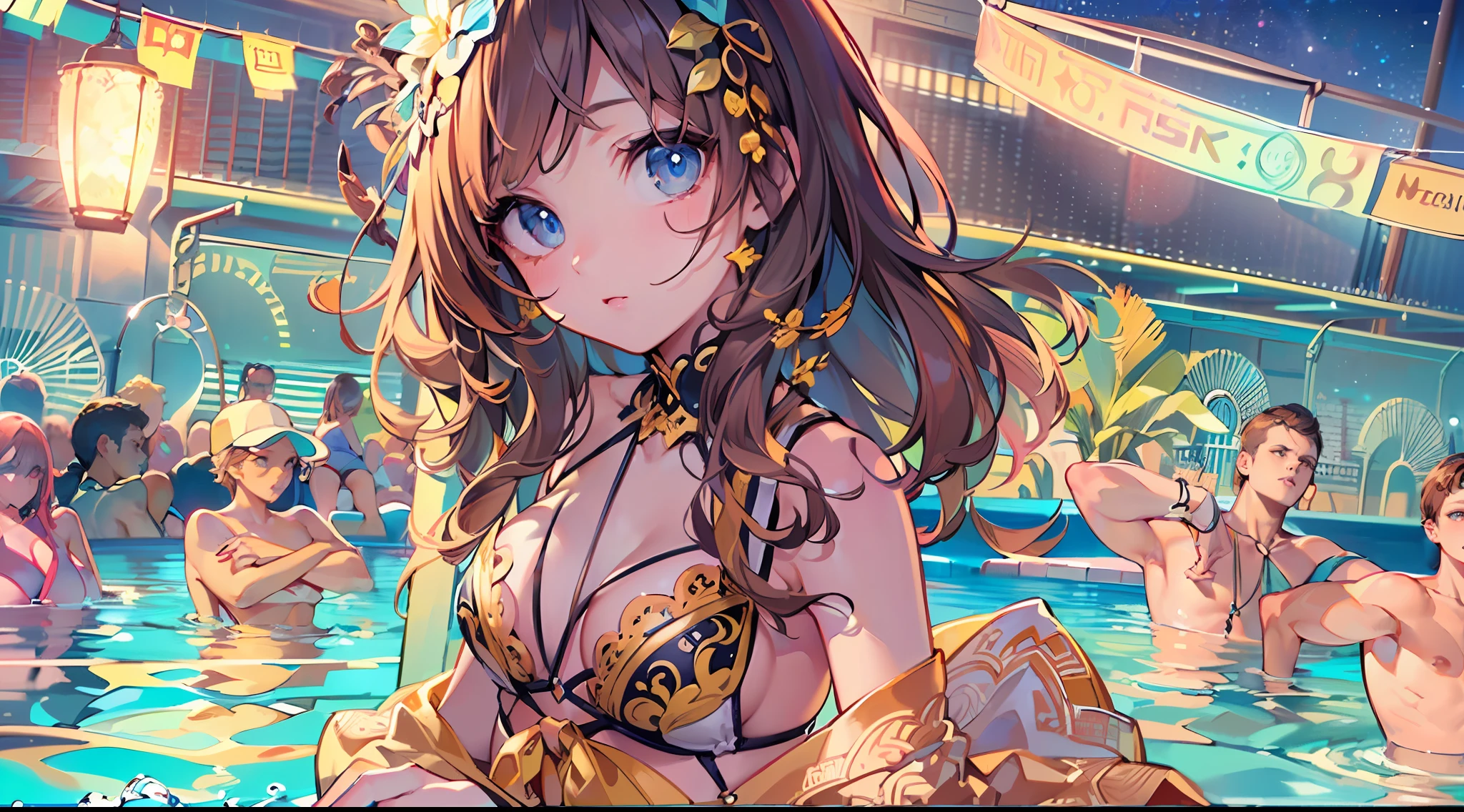 (Masterpiece, top quality, super detailed CG, ultra detailed beautiful face and eyes,super detailed, intricate details:1.2), 8k wallpapers, elaborate features,
(1 person, solo:1.4)perfect cartoon illustration,(1 person, solo:1.4),
1 girl, night pool, swimwear, full body illustration