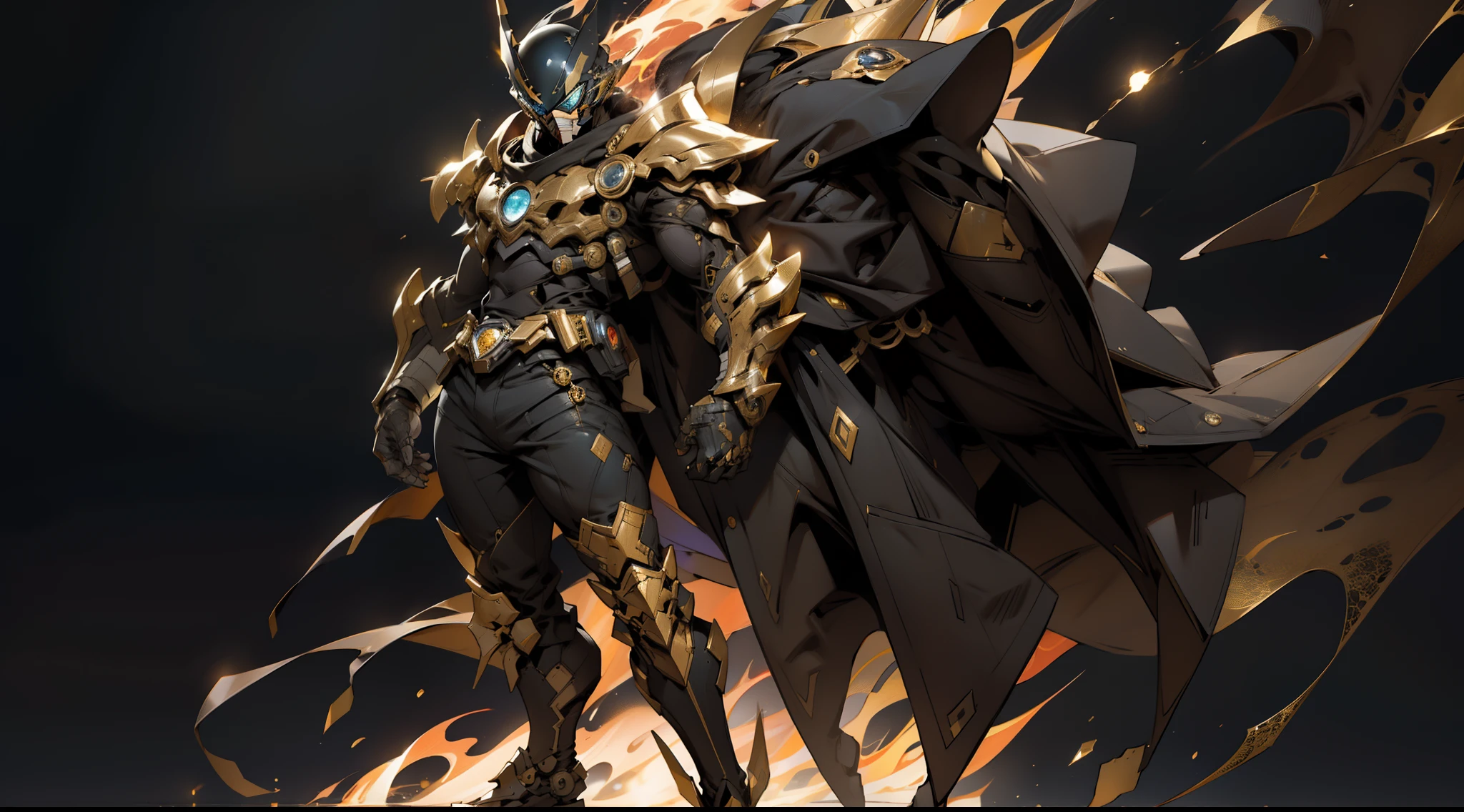 Obsidian Gold Kamen Rider,whole body display,sci-fy,standing on your feet,floating in air,Fire magic,perfect bodies,the night,starryskybackground