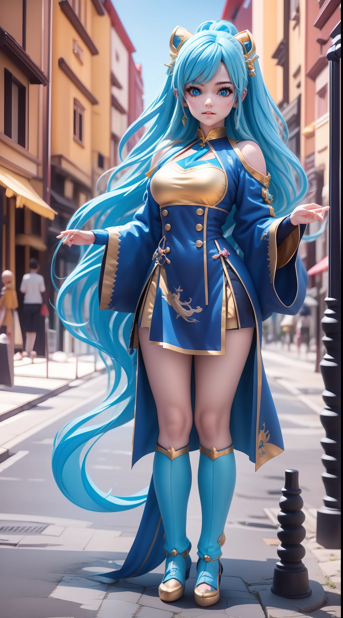 full bodyesbian，blue hairs，period costume，Realistic anime 3 D style, 3 d anime realistic, photorealistic anime girl rendering, render of a cute 3d anime girl, 3 D rendering character art 8 K, anime styled 3d, 3d anime girl, hyper realistic anime, 8K portrait rendering, Anime style. 8K