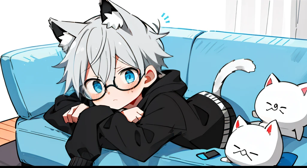 boy boy, black and gray hair, wear round glasses, blue eyes, shyness, Hugging stuffed animals, Wear an oversize hoodie, white socks, lying on the couch, cat ears, cat tail, crying face