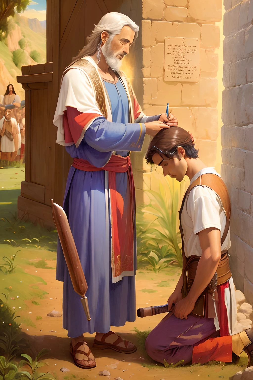 pintura de um homem ajoelhado, receiving anointing, bible illustration, biblical image, anointing of the head with oil, Directed by: Rodolfo Escalera, beautiful depiction, full-colour illustration, Directed by: Antonio Ciseri, biblical painting, Directed by: Marcello Bacciarelli, full-colour illustration, artista desconhecido, Hildebrandt, Directed by: Eugenio de Arriba, epic biblical representation
