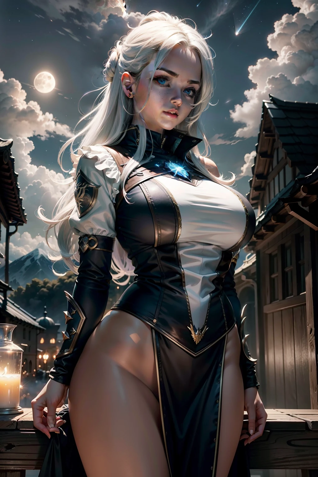 top Quority， hyper-detailing，  nigh sky， exteriors， themoon， stele， ​​clouds， ventania， shiny， mistic， miracle， imagination， sport， energy， hentail realism， big breasts beautiful，mito， Folklore， the witcher， fansty world， The composition， proportionate， foreground， midpoint， Background with， ssee-through， optic， colours， the detail， big breasts beautiful， miracle.teens girl