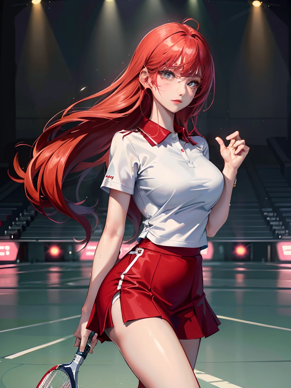 tmasterpiece、Best quality、realisticlying、Hyper-detailing,(Shiny skin,sweat leggs:1.4)、Slim、Look at the audience、1girll、Solo、tennis wear、Red polo shirt、short skirt,long whitr hair,athletic sneakers,(thick thight:0.5)、动态照明、A high resolution、sharp fokus、depth of fields、mediuml breasts