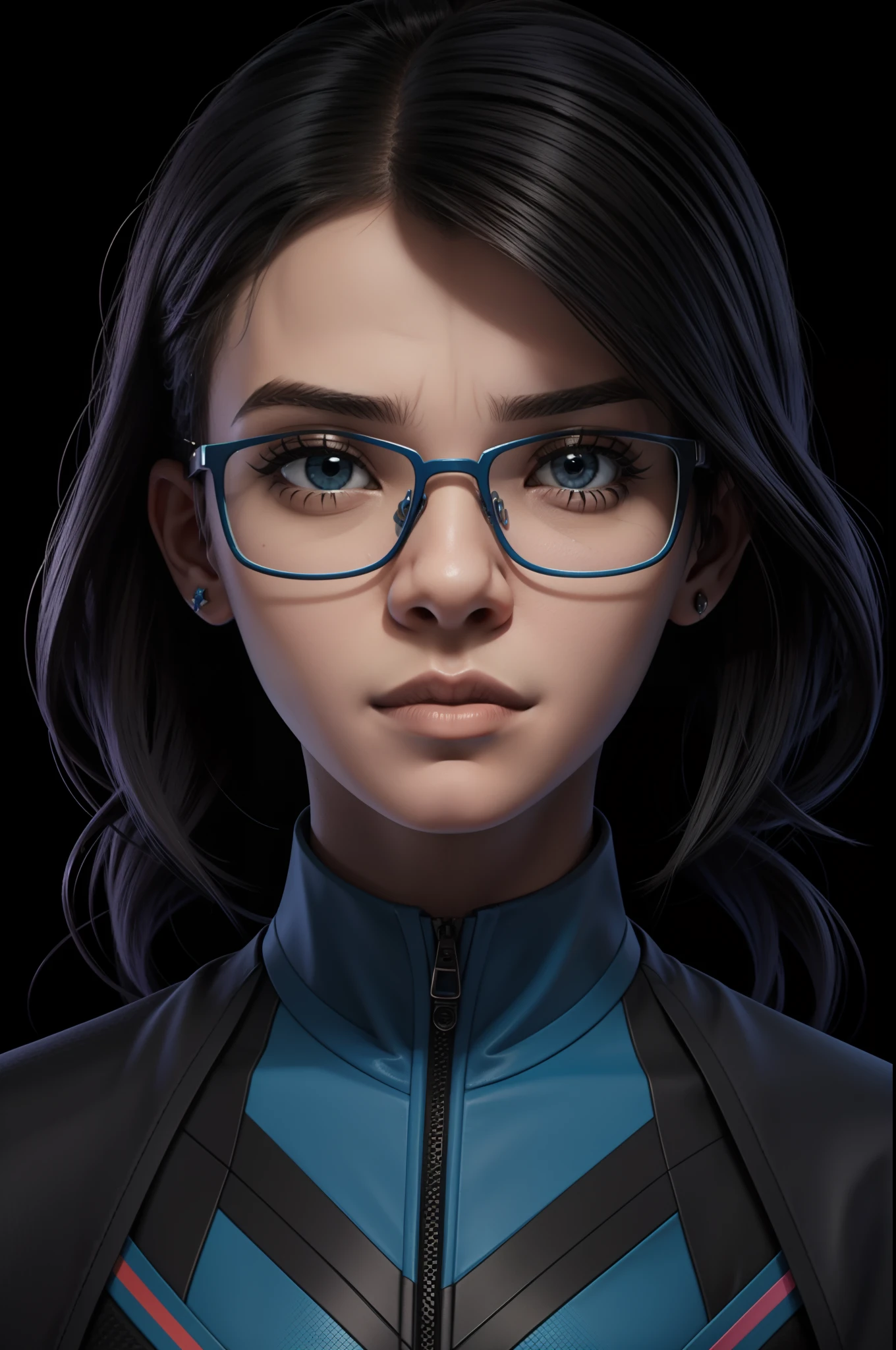 Jovem garota nerd, blue glasses, cabelo preto curto, roupas modernas, mulher jovem, personagem 2d, character art estilo quadrinhos