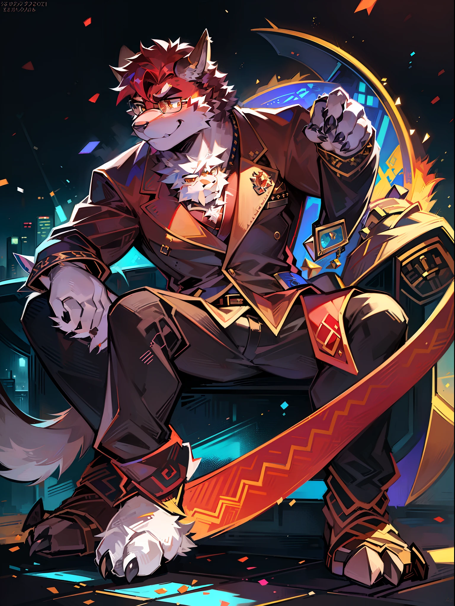 Colorful starry sky (Best picture quality)(tmasterpiece)(solo person)(ultra - detailed)(hairy pubic)(Male divine dragon:1.5)(Red fur:1.3)(Wearing glasses)(Golden eyes)(sharp talons)(grey ears)(He looked melancholy)tack sharp focus(The furry feeling of animal ears)Anime - style illustration of cat on box with city as background, Detailed fanart, ultra detailed game art, Detailed game art, epic art style, good boy giant mecha wolf hound, bowser, #pixelart:3, hyper detail illustration, ultra hyper-detailed, mecha asthetic, highly detailed exquisite fanart, Game art!!, Cyberpunk art style