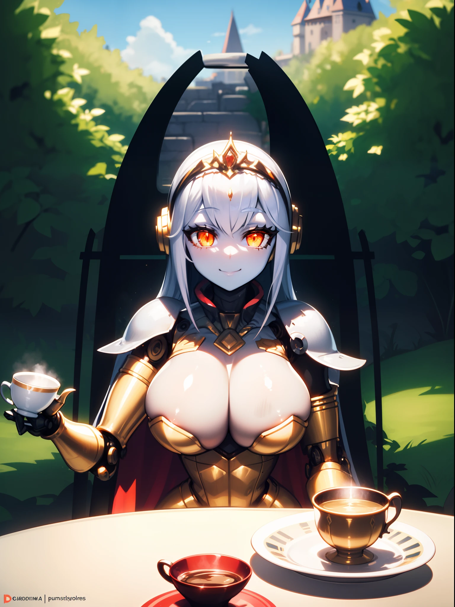 masterpiece, best quality,1girl,solo, robot girl, humanoid robot,robot joints, orange eyes,long hair, (colored skin),huge breasts,tiara, jewelry, armored dress,gold trim, sleeveles,cape,castle in background, (outdoors),garden,sitting,on chair,tea set on table, holding tea cup, light smile