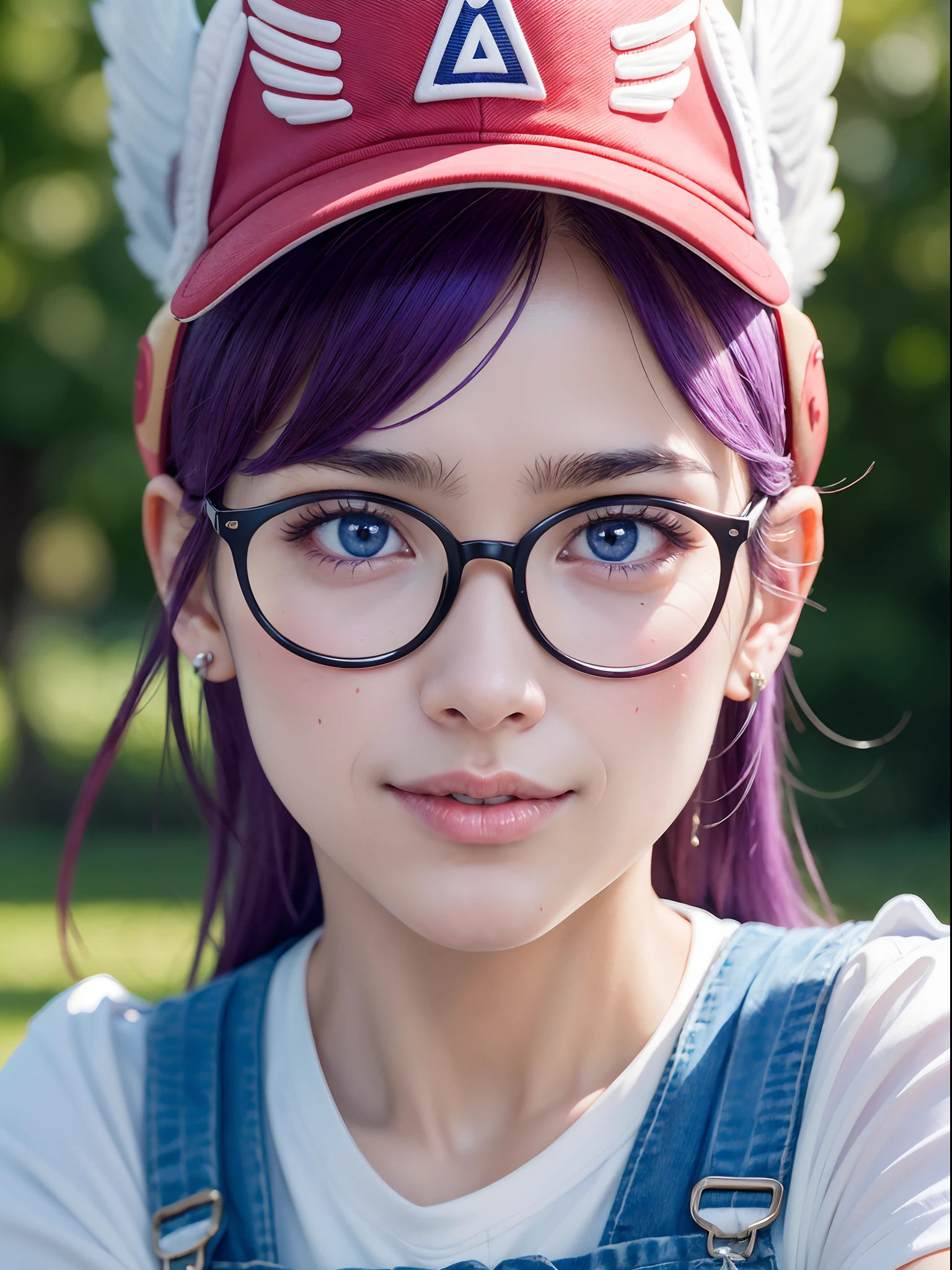 (masterpiece, best quality:1.4), (close up:1.5) (face focus:1.5), 1girl, solo, (european youth:1), arale, glasses, blue eyes, long hair, purple hair, short sleeves, wing hat, (red cap), (wing cap:1.5), red shirt, blue overalls, looking at viewer, beautifull smile, beautiful face, highly detailed face, highly detailed eyes, highly detailed skin, skin pores, subsurface scattering, realistic pupils, full face blush, full lips, detailed background, depth of field, volumetric lighting, sharp focus, absurdres, realistic proportions, good anatomy, (realistic, hyperrealistic:1.4), 16k hdr,