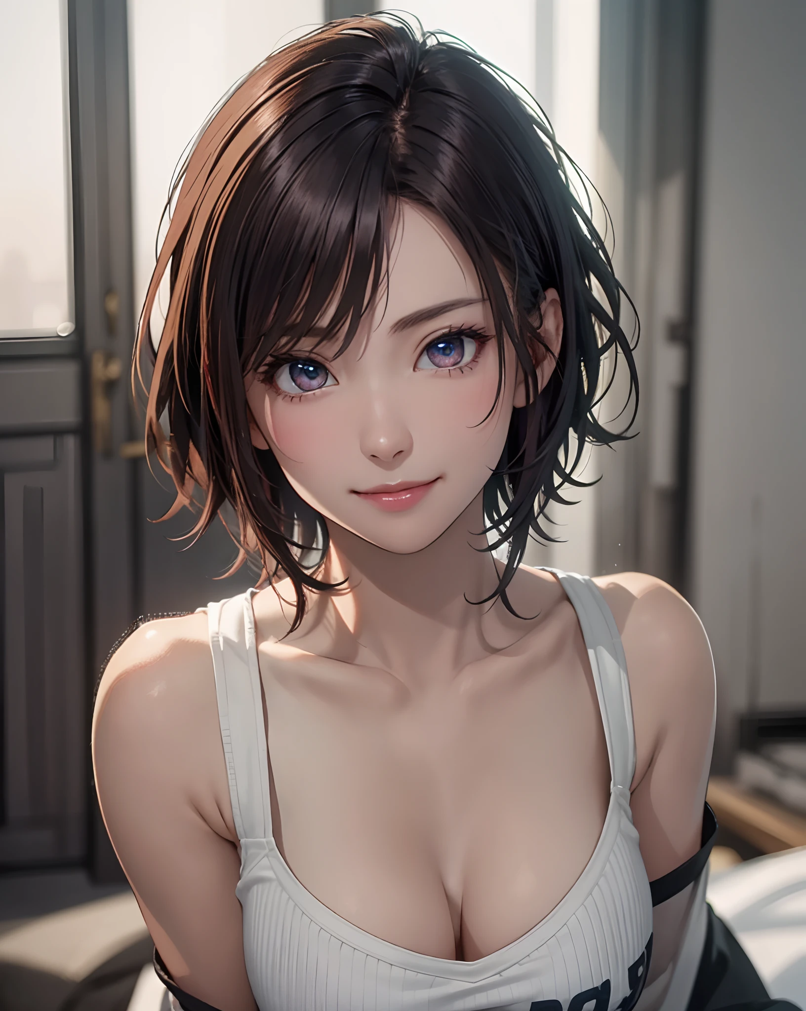 Best Quality, Ultra High Resolution, (Photorealistic: 1.4), Beautiful Eyes, Super Beautiful, Very Short Hair, Beautiful, Sweetheart, T-shirt with Rough Chest, Beautiful Soldier, Eyes That Invite Viewer, Lover's Perspective, Inviting Expression, Sexy Smile, Perfect Style, Perfect Balance, Detailed Skin, Naughty Gaze, Chest Visible