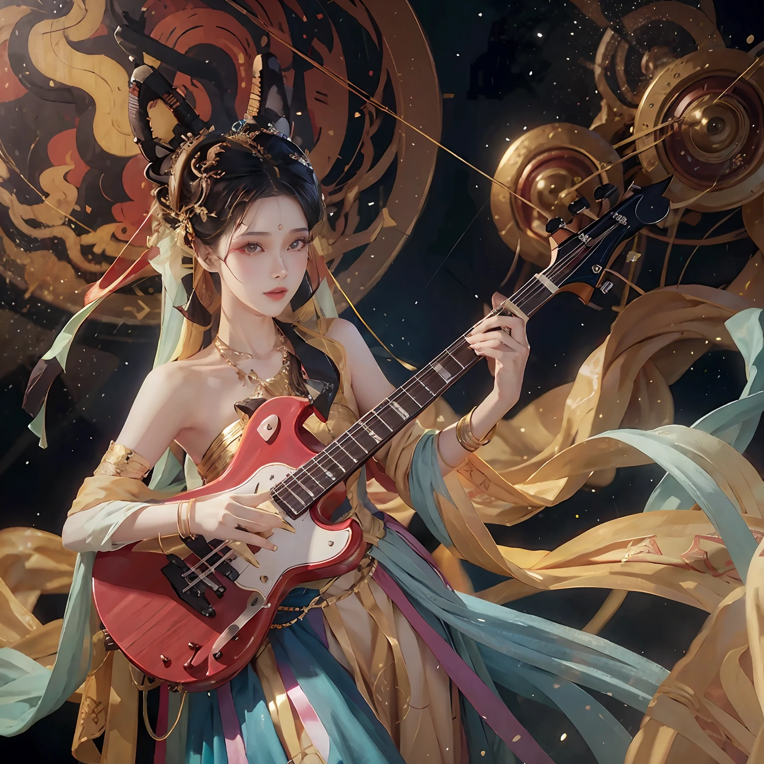 The seductive woman raises her hand happily　Perfect beauty　Beautiful white skin　beautidful eyes　looki at viewer　Glossy lips　Lovely smile　　There is an electric bass guitar　It stands　Functional　Earphone　Colorful costumes for spaceships