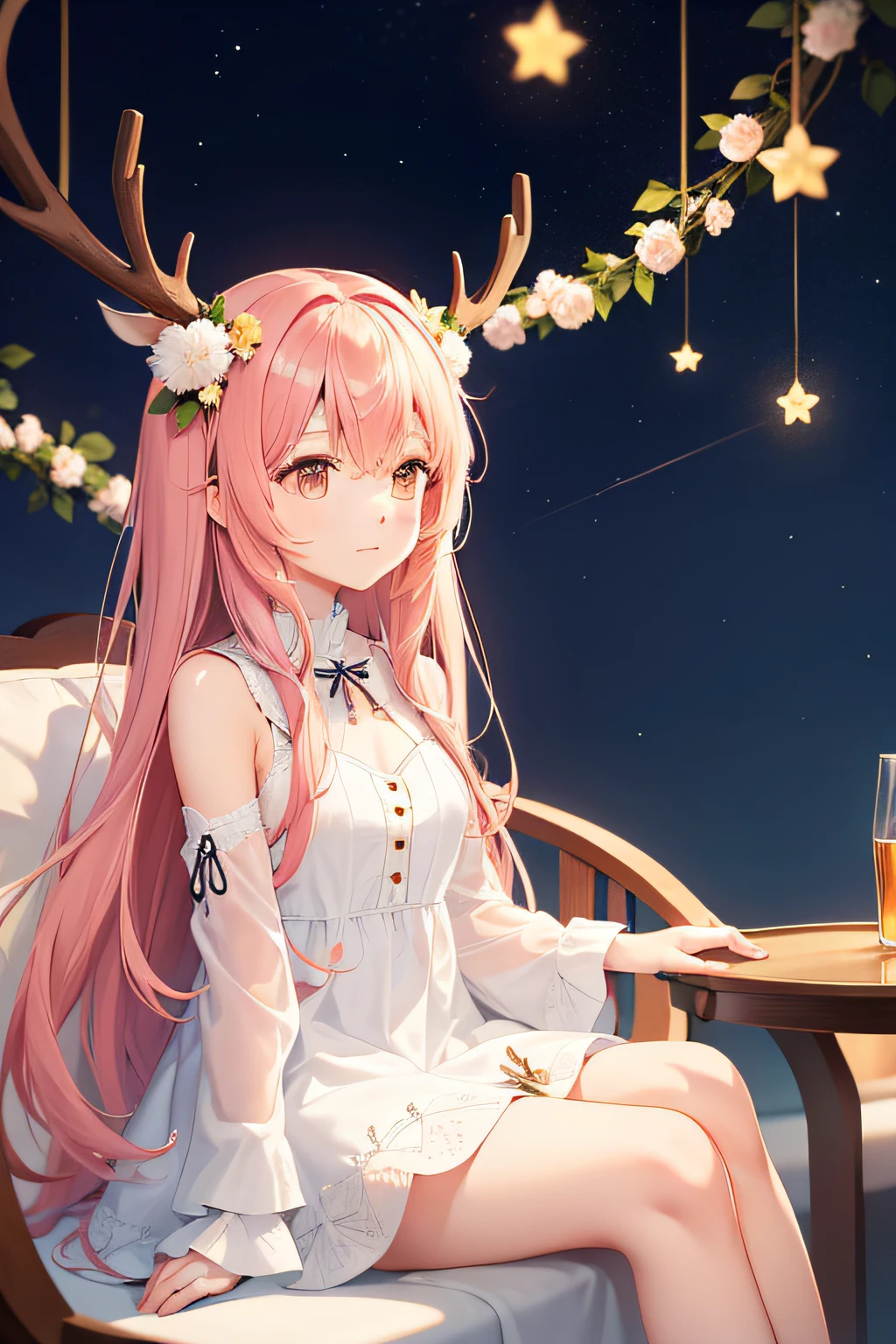 the night,A cute anime girl with antlers,Wearing a white floral dress,Sit and look up at the sky