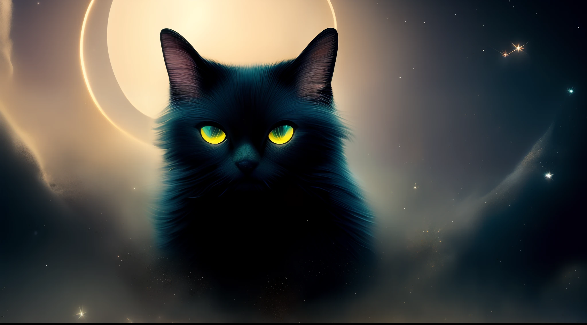 Oldjourney A mystical spirit cat, an otherworldly mist surrounding it, a vortex of sparkling black and silver sand surrounding it, magical, eerie, noir lighting, stars in the sky, ethereal, grunge, dream, sandman, surreal, Rembrandt art style, artstation, dark atmosphere, 8k