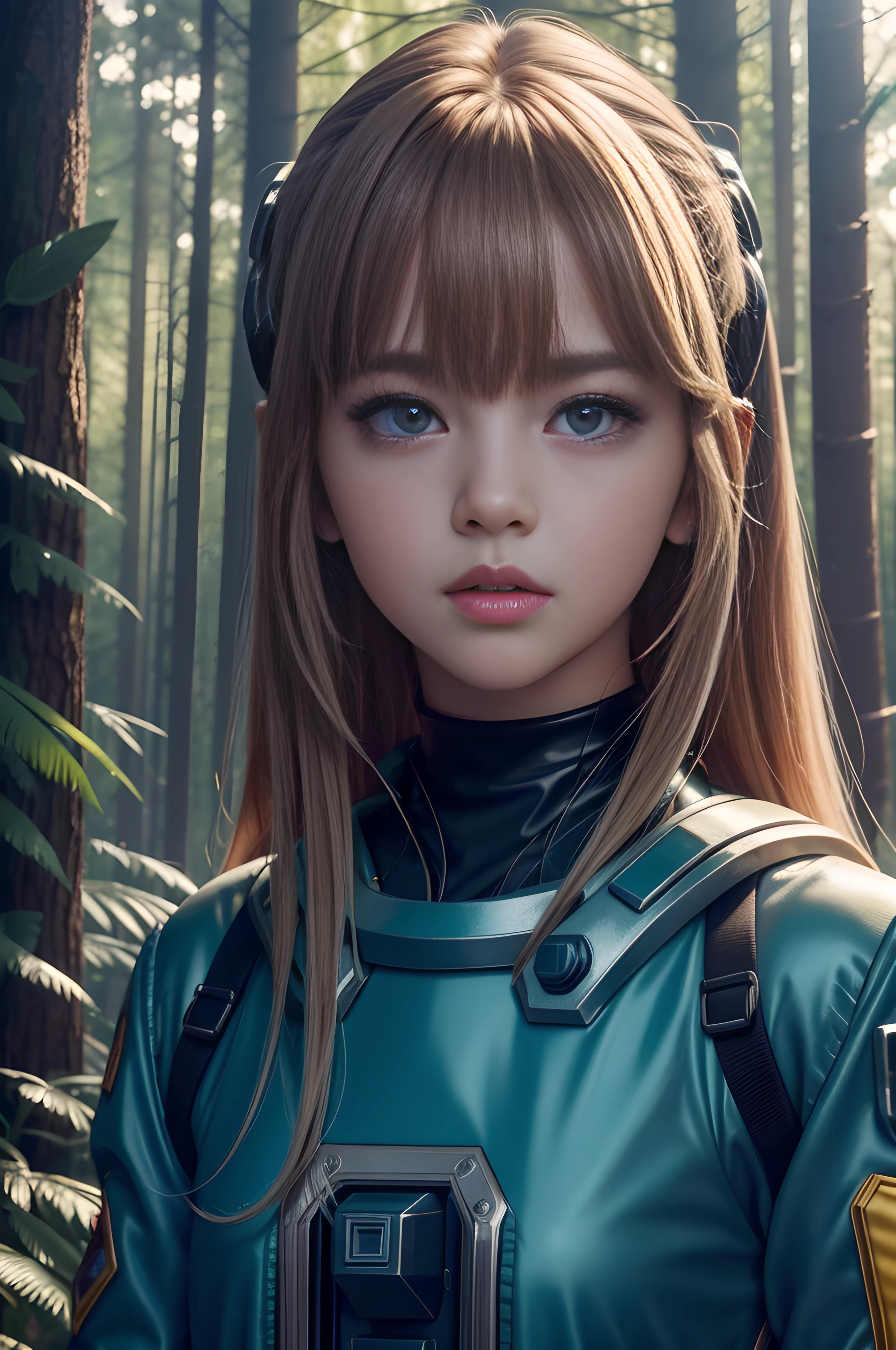 (((hd closeup photo))),one standing Lalisa,as a space cadet,(((Lalisa))),looking at camera,25 years old,in forest
