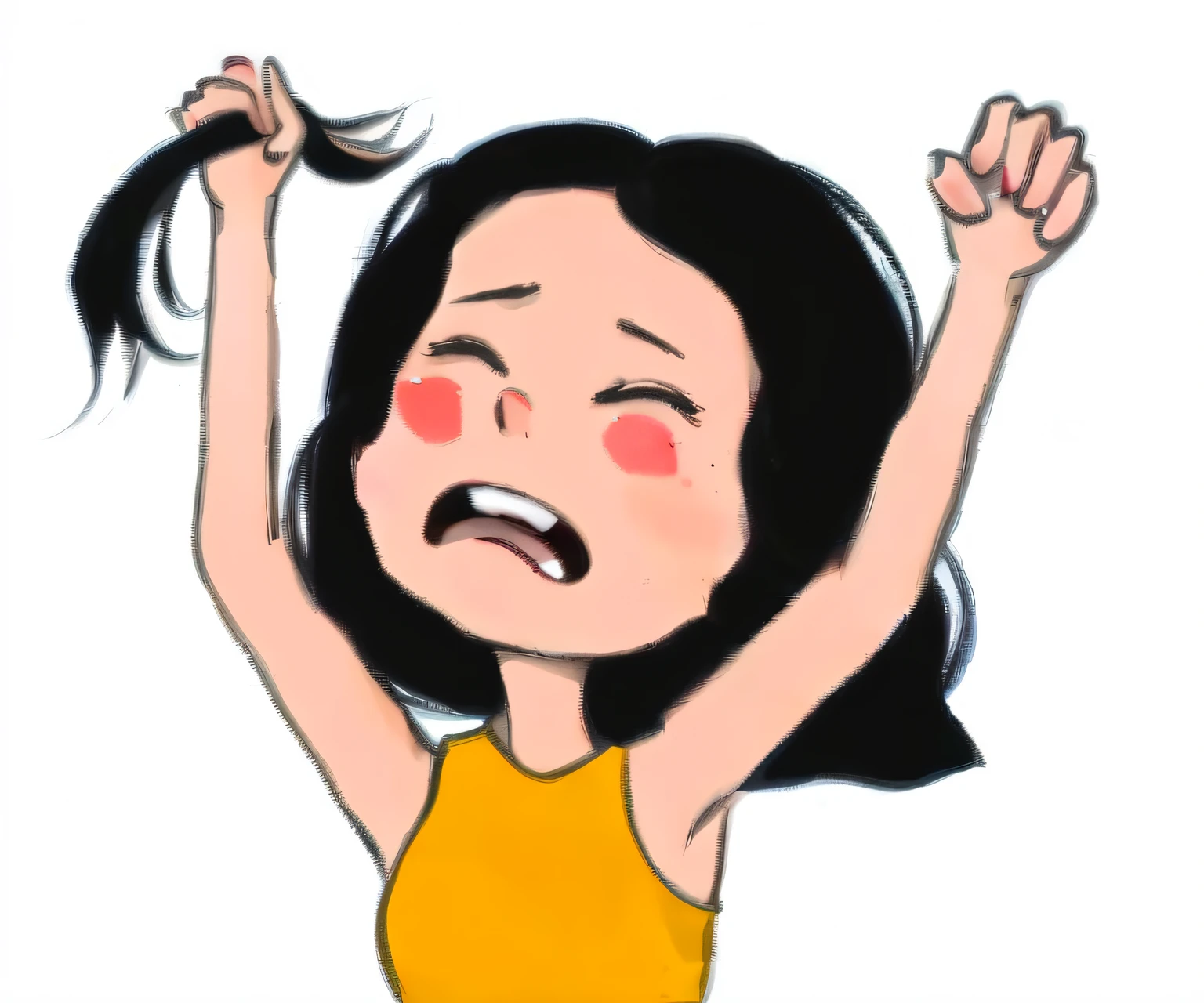 Brunette cartoon girl raises her arms in the air, crying and reaching with her arm, Freak out, Frustrated expression, jaidenanimations, Blowing hair, Frustrated, hands in her hair, the girl is scared, Very excited, frustrated face, cheer, frustrated detailed, her hair is tied above her head, She has messy hair, excited, wind in the hair, Yelling
