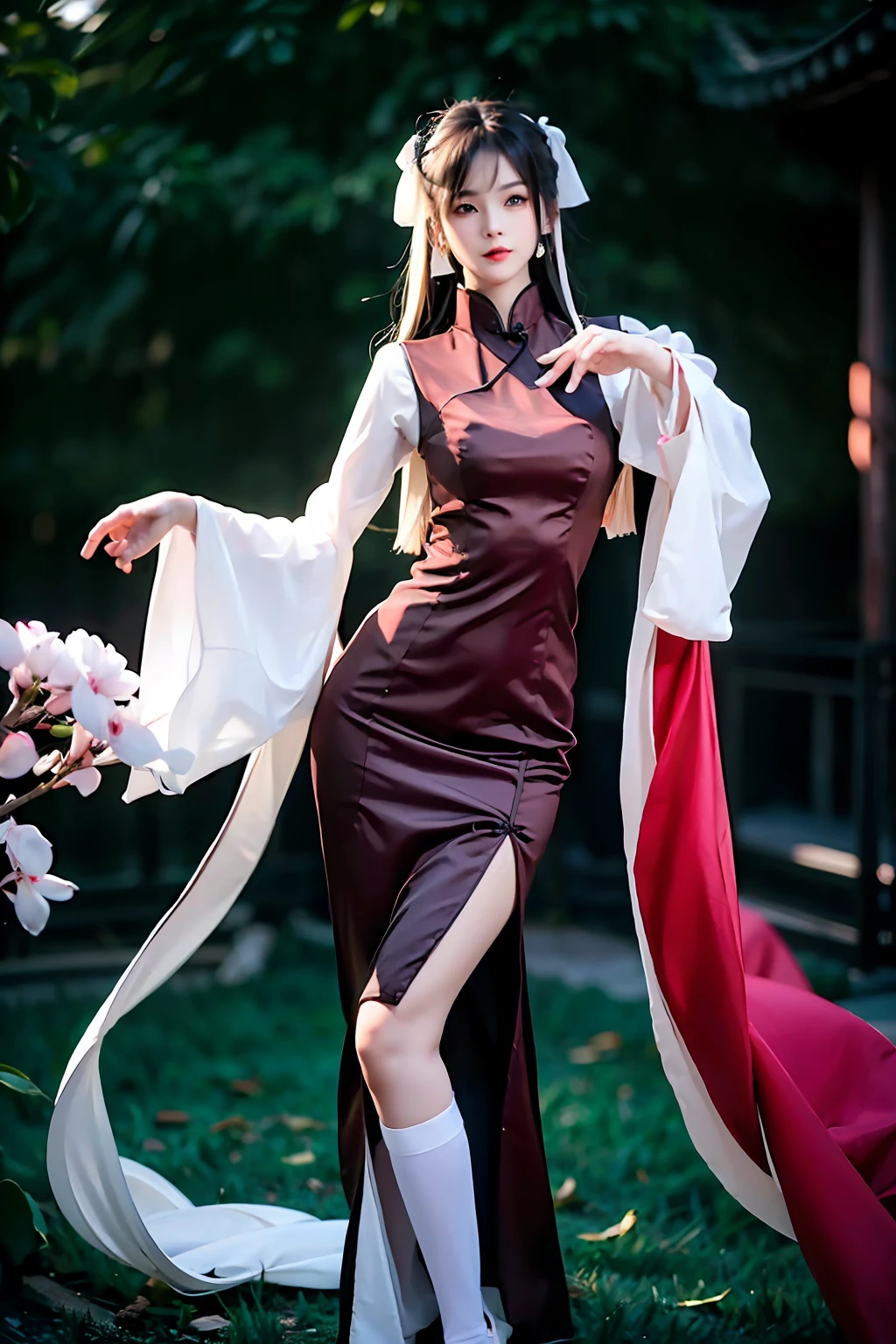 There is a girl in a green dress, plum blossoms, palaces, oriental architecture ray tracing, {best quality}, {{masterpiece}}, extremely detailed 8K wallpaper, {an extremely delicate and beautiful}, colorful, intricately detailed, Realistic, real, camera quality, (detailed depiction of clothes), cool white skin, (detailed depiction of blush), 1080p, sun, soft cuteness, smooth light silver hair, messy beauty, lighting, broken feeling, bright and silky skin , 3D stereoscopic, masterpiece, best quality, super fine illustration, beautiful eyes, very fine light, fine glow, very fine 8K CG wallpaper, peach eyes, red pupils, an extremely delicate and beautiful girl, 8k Wallpaper, best quality, full body close-up, white long dress, luxurious silky bright red chiffon floodlight (magic, glitter, ultra-thin, soft,) Hanfu