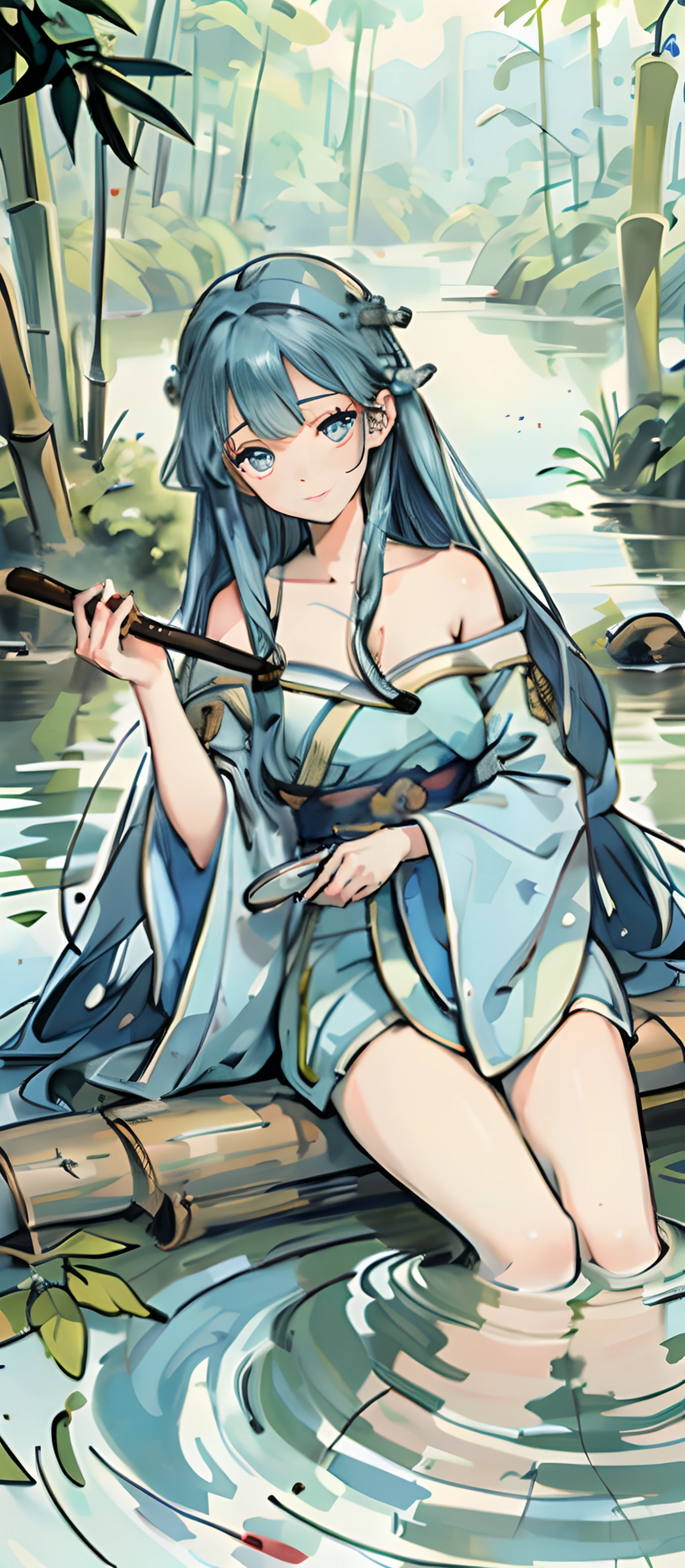 tmasterpiece，best qualtiy，offcial art，8k wallpaper，The is very detailed，illustratio，1个Giant Breast Girl，sky-bluehair，long whitr hair，Detailed eyes，Forrest gump，exposed bare shoulders，Hanfu，lakes，pure，softl smile，bamboos，Tea in his left hand，