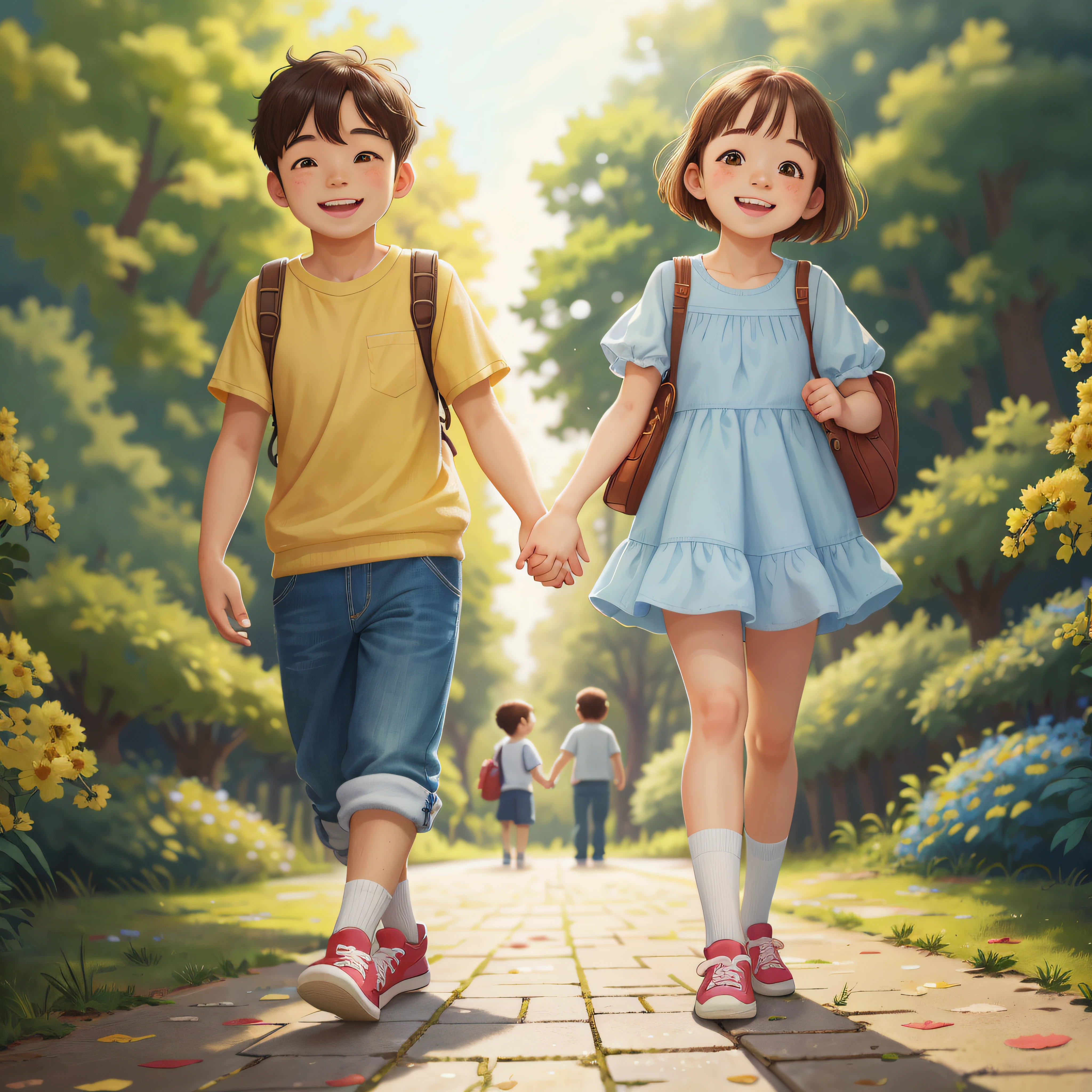 two  couples walked hand in hand on the campus path, smiling brightly, happy, perfect quality, clear focus (clutter - home: 0.8), (masterpiece: 1.2) (realistic: 1.2) (bokeh) (best quality) (detailed skin: 1.3), (intricate details) (8K) (detailed face), (detail eyes) (sharp focus), (happy), depth of field control method