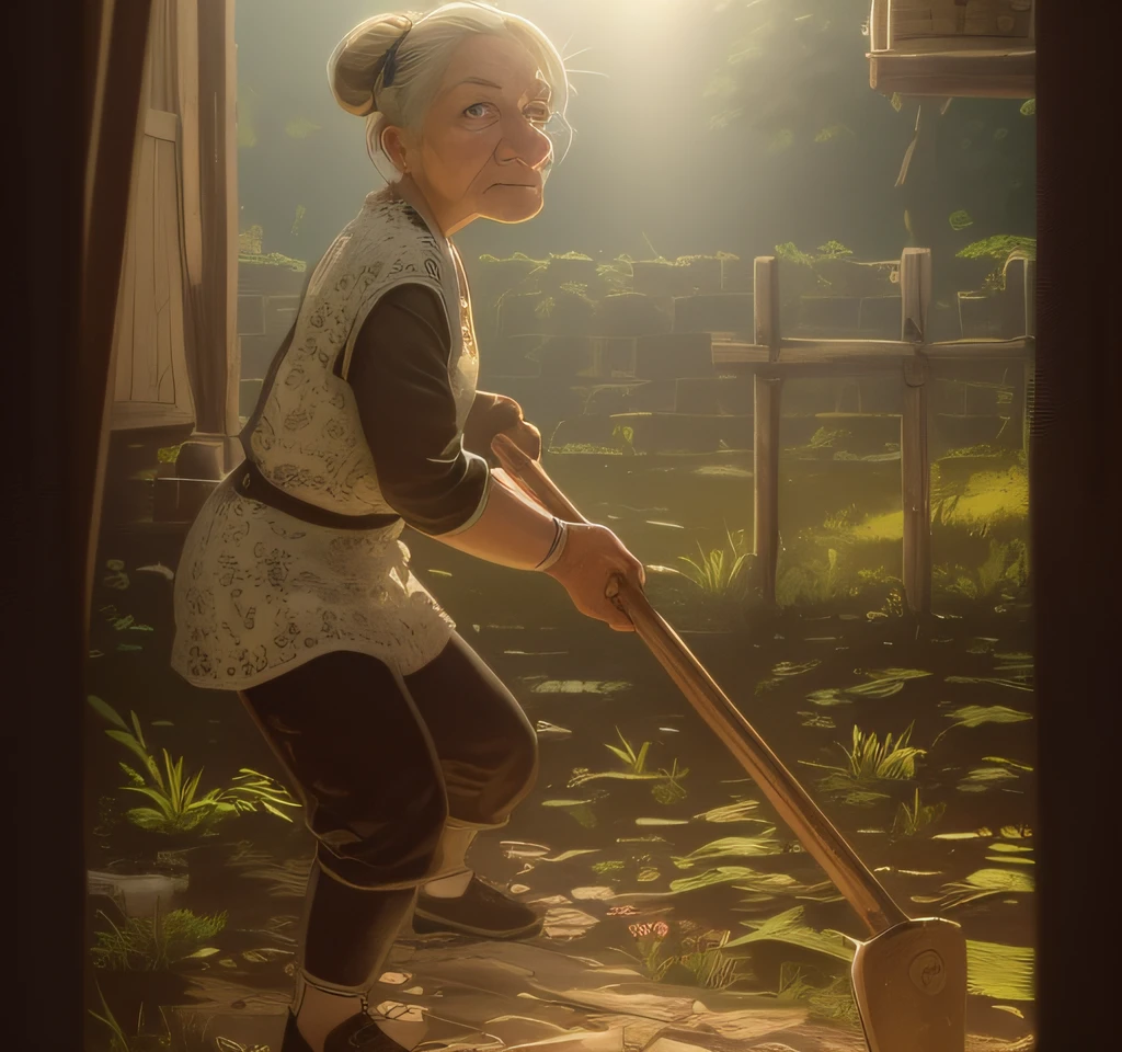 masterpiece, realistic, natural color, ultra details, full color, shallow depth of field, hd, (8k, RAW photo:1,2), hq, out door, holding a hoe, old woman, hate face, sleepy eyes, sunny, bright location