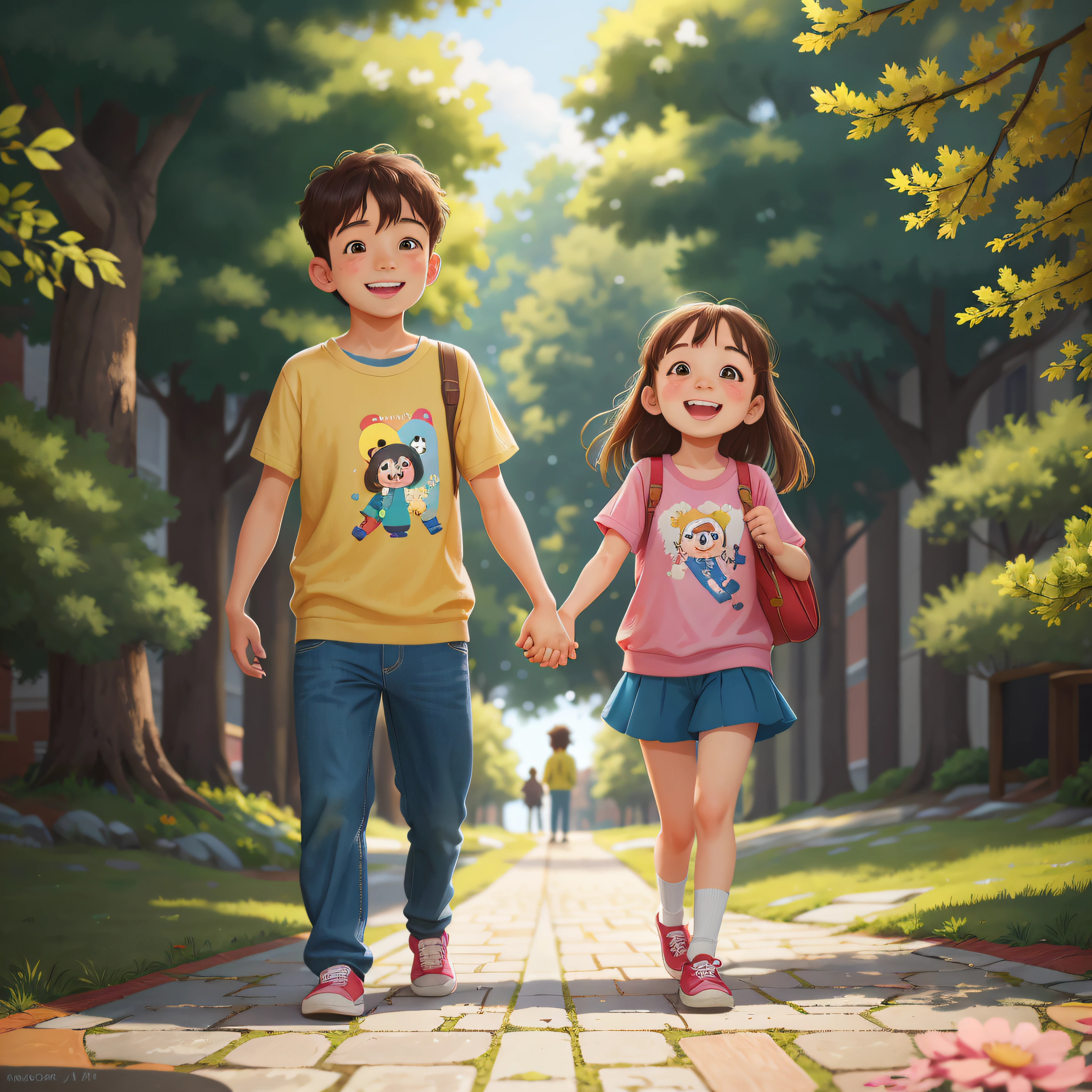 two childhood couples walked hand in hand on the campus path, smiling brightly, happy, perfect quality, clear focus (clutter - home: 0.8), (masterpiece: 1.2) (realistic: 1.2) (bokeh) (best quality) (detailed skin: 1.3), (intricate details) (8K) (detailed face), (detail eyes) (sharp focus), (happy), depth of field control method