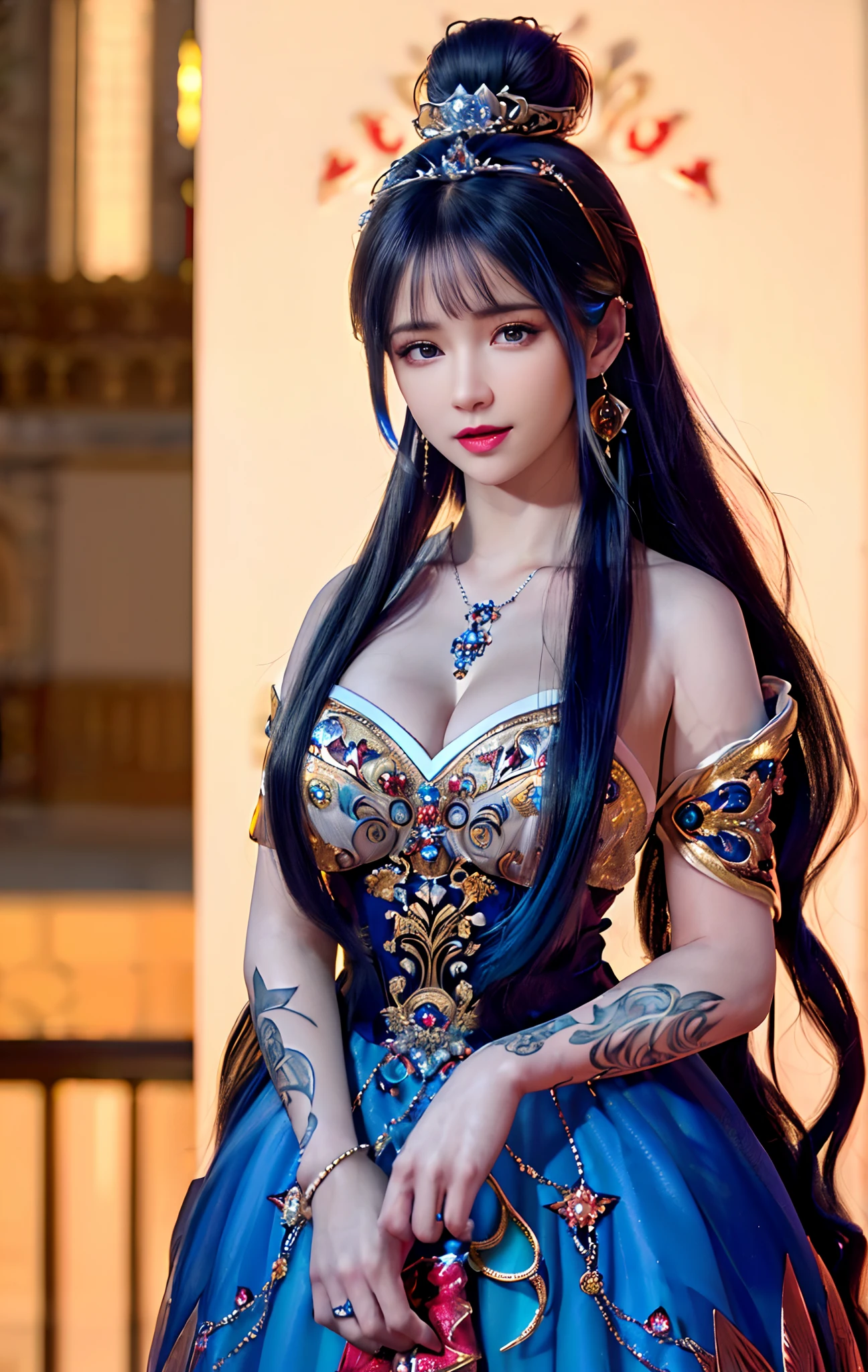((realisticity: 1.2)), ((realistic: 8K UHD)), ((best resolution: 8K UHD)), hyper detailed, best quality,masterpiece,highres,cg, ((1 girl hyper detailed and hyper realistic) ) , ((beautiful queen, hyper realistic and hyper detailed)),((white skin, beautiful, smooth, youthful, hyper realistic and hyper detailed )), ((Face hyper beautiful, white, hyper realistic and hyper detailed ) ), long hair, ((hyper realistic and hyper detailed dress)), solo, ((hyper realistic, hyper beautiful, beautiful and hyper detailed jewelry)), ((hyper beautiful deep red and golden yellow dress, hyper realistic and hyper detailed )) , ((Her pretty, hyper realistic, hyper detailed diamond filled earrings)), ((Her gorgeous diamond haircut, hyper realistic and hyper detailed)), ((hyper pretty upper body, hyper beautiful, hyper realistic and hyper detailed) ), ((medium breast: 1.5)), ((hyper realistic, hyper pretty, hyper detailed boobs)), ((the backgroun of the royal palace is hyper majestic, hyper realistic and hyper detailed)),((hands and palms hyper beautiful, hyper detailed, hyper realistic)), ((hyper pretty, hyper pretty, hyper realistic and hyper detailed hair bun)), ((hyper pretty , hyper realistic and hyper detailed blue hair)), candid, Photo, high resolution, 8k , bokeh,
