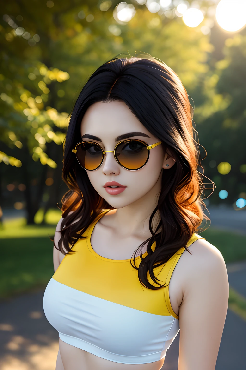 glasses, from_above, crop top, detailed face, yellow bodycon tank top, hair, park, sky, trees, pale skin, moonlight, stars, 1girl, statement sunglasses, woman,petite, vivid colors, bokeh background, subject for emphasis,dramatic colors,