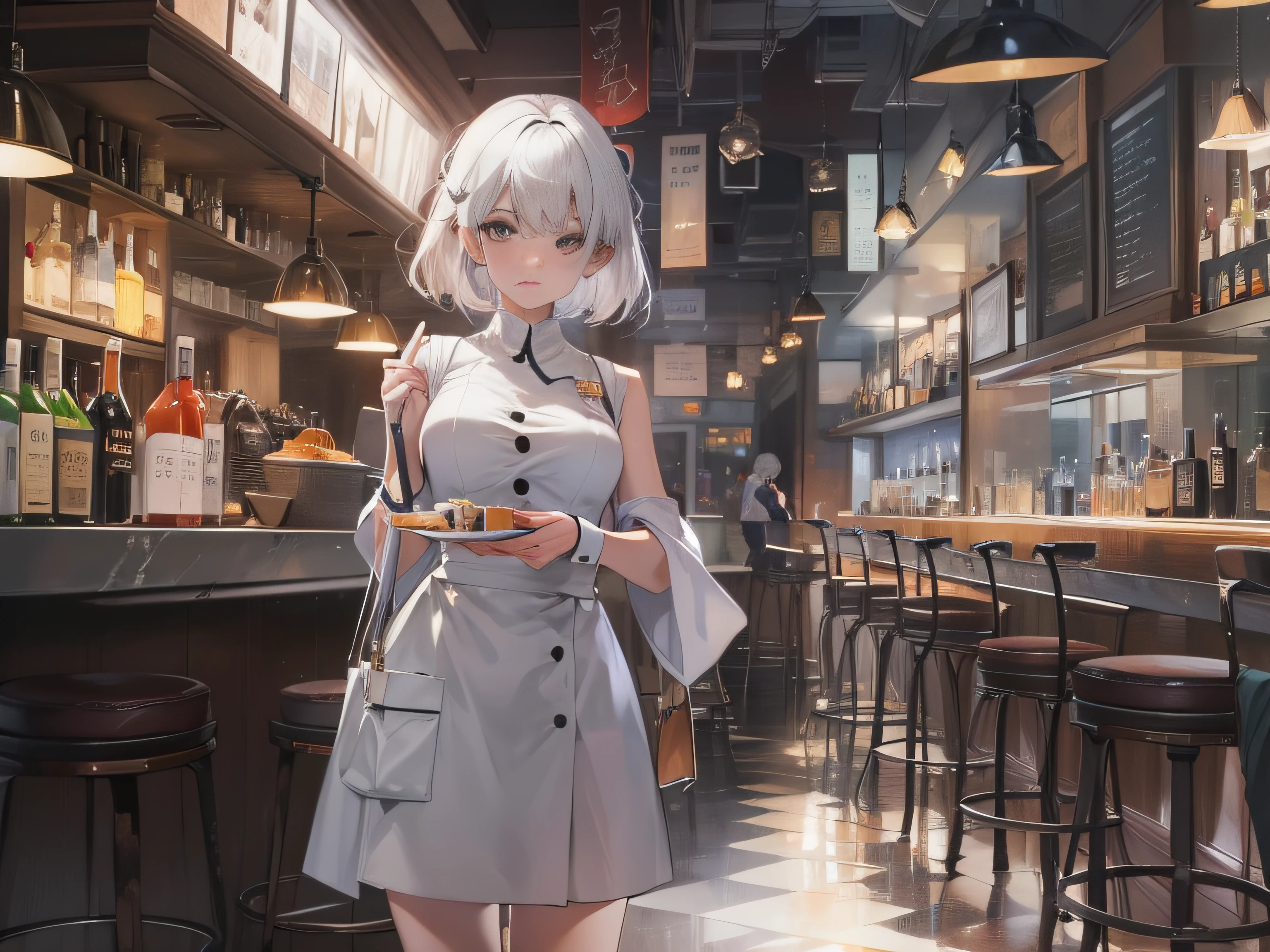 An 18-year-old girl with short white hair wearing a waiter's outfit，In front of the bar，The face is anxious，Upper body display，Inside a modern urban bar，grand master，tmasterpiece，8k wallpaper，CG，Ultra-high image quality