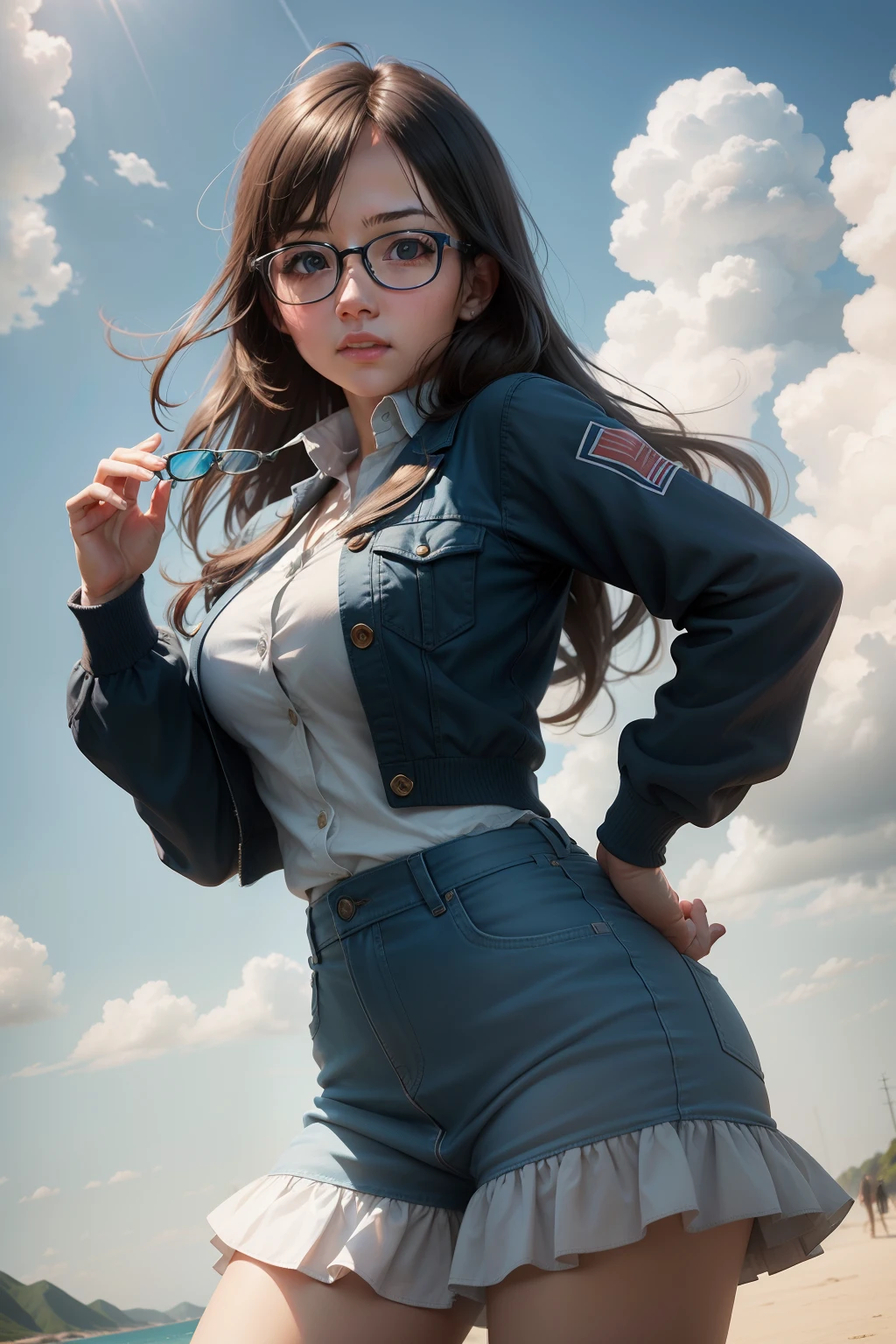 （best qualtiy：1.4），8K quality，Glasses girl，Live-action texture，The figure is bumpy，with blue sky and white clouds，Realistic painting style