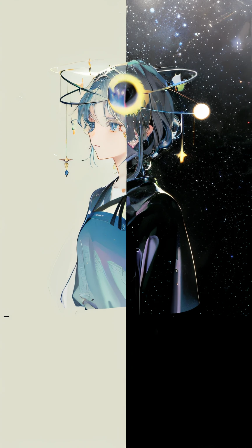 Anime - stylized image of a woman with a halo on her head, Star(sky) Starry_sky, portrait anime space cadet girl, anime girl with cosmic hair, in the art style of bowater, Guviz-style artwork, Guviz, made with anime painter studio, dressed in stars and planets, Digital art on Pixiv, Eyes closed