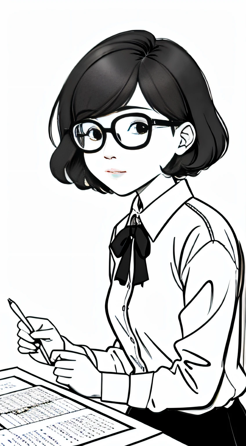 Short hair girl with round glasses cartoon style,　Black and white line art for coloring book、Easy to draw