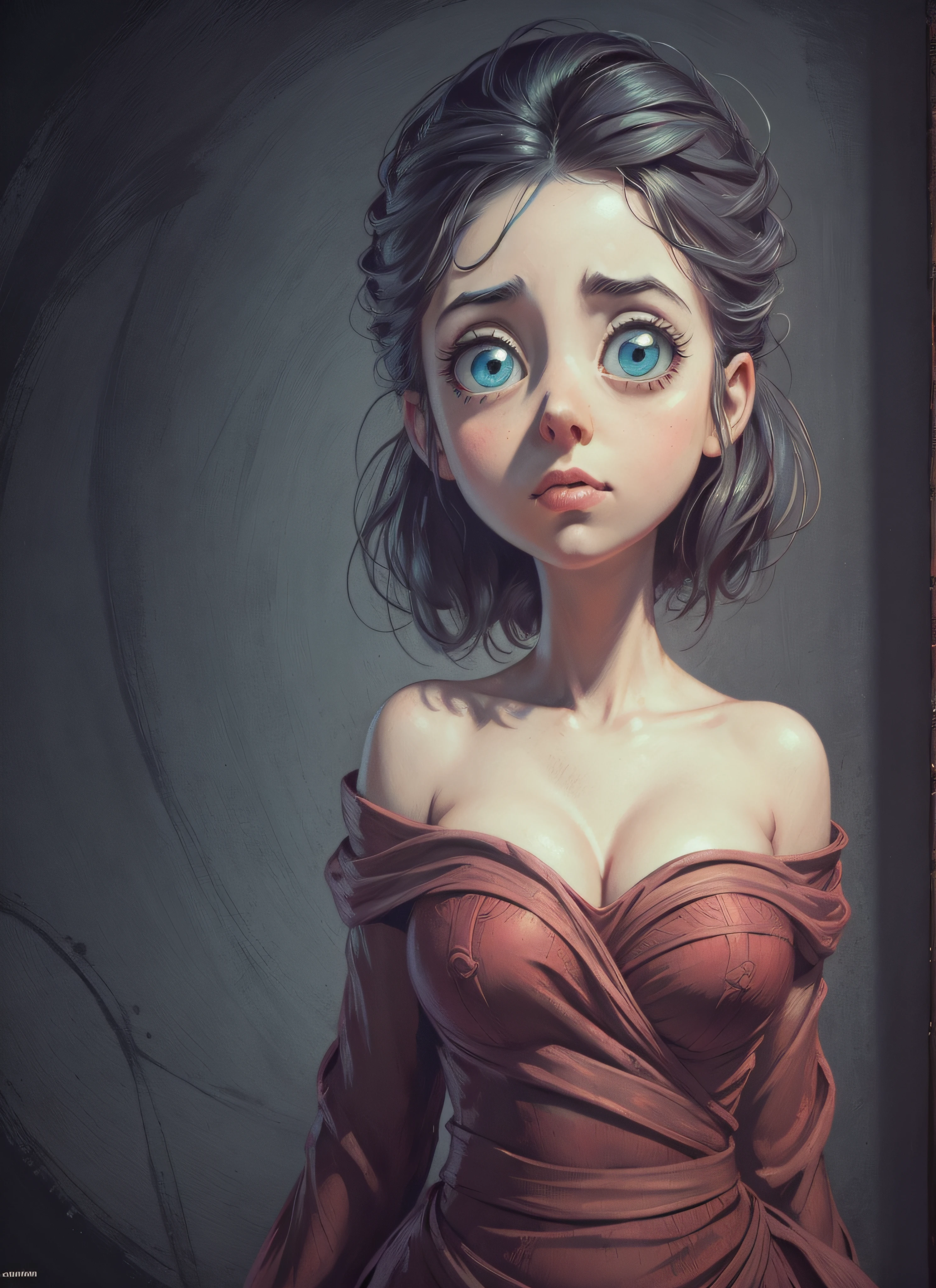 mejor calidad, obra maestra, (realista: 1.2), Negative Dramatic Portrait 1 girl, con enormes ojos realistas, Teaching erect breasts, desnuda, estilo pixar, por tim burton
