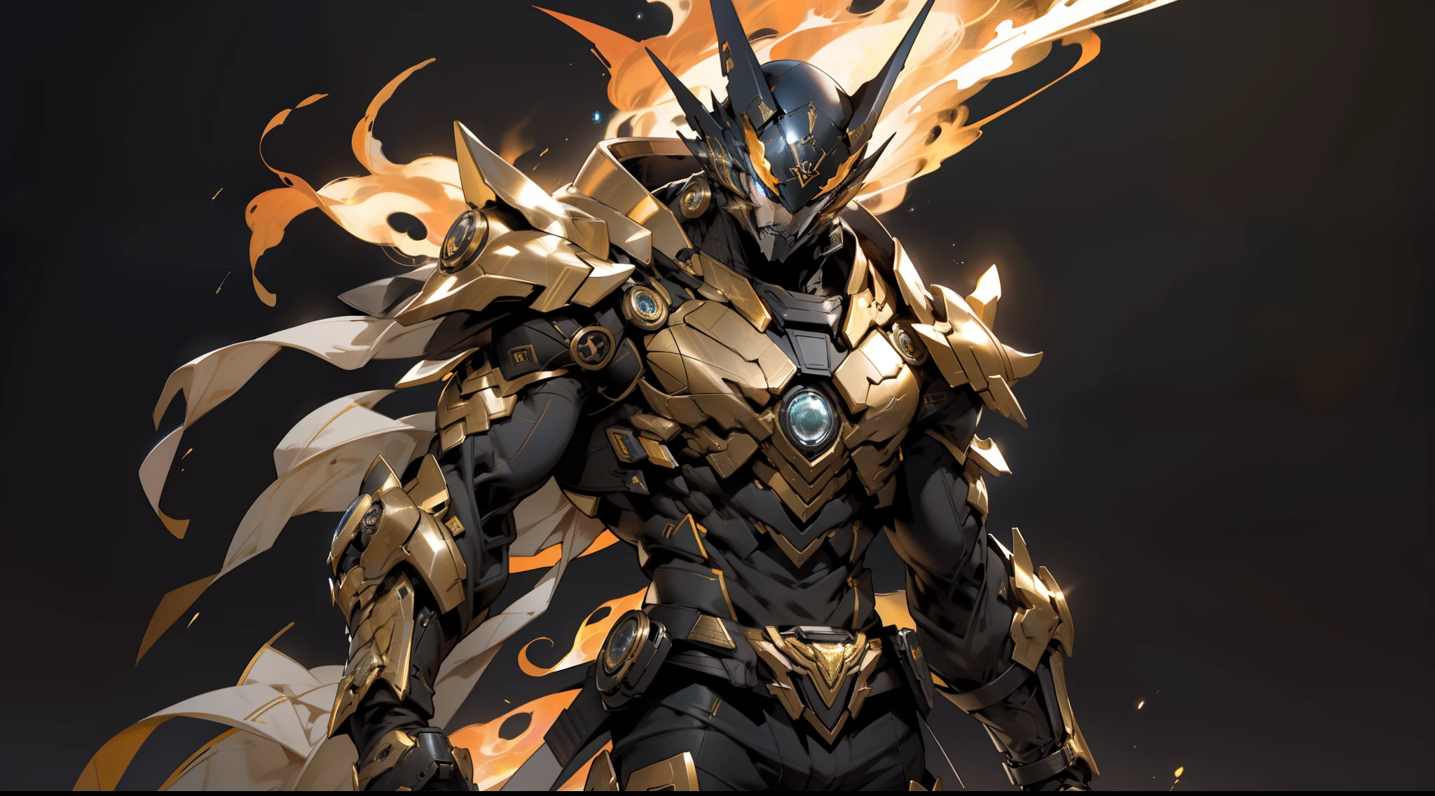 Obsidian Gold Kamen Rider,Back Shadow,With his back to the camera,sci-fy,standing on your feet,floating in air,Fire magic,perfect bodies,the night,starryskybackground