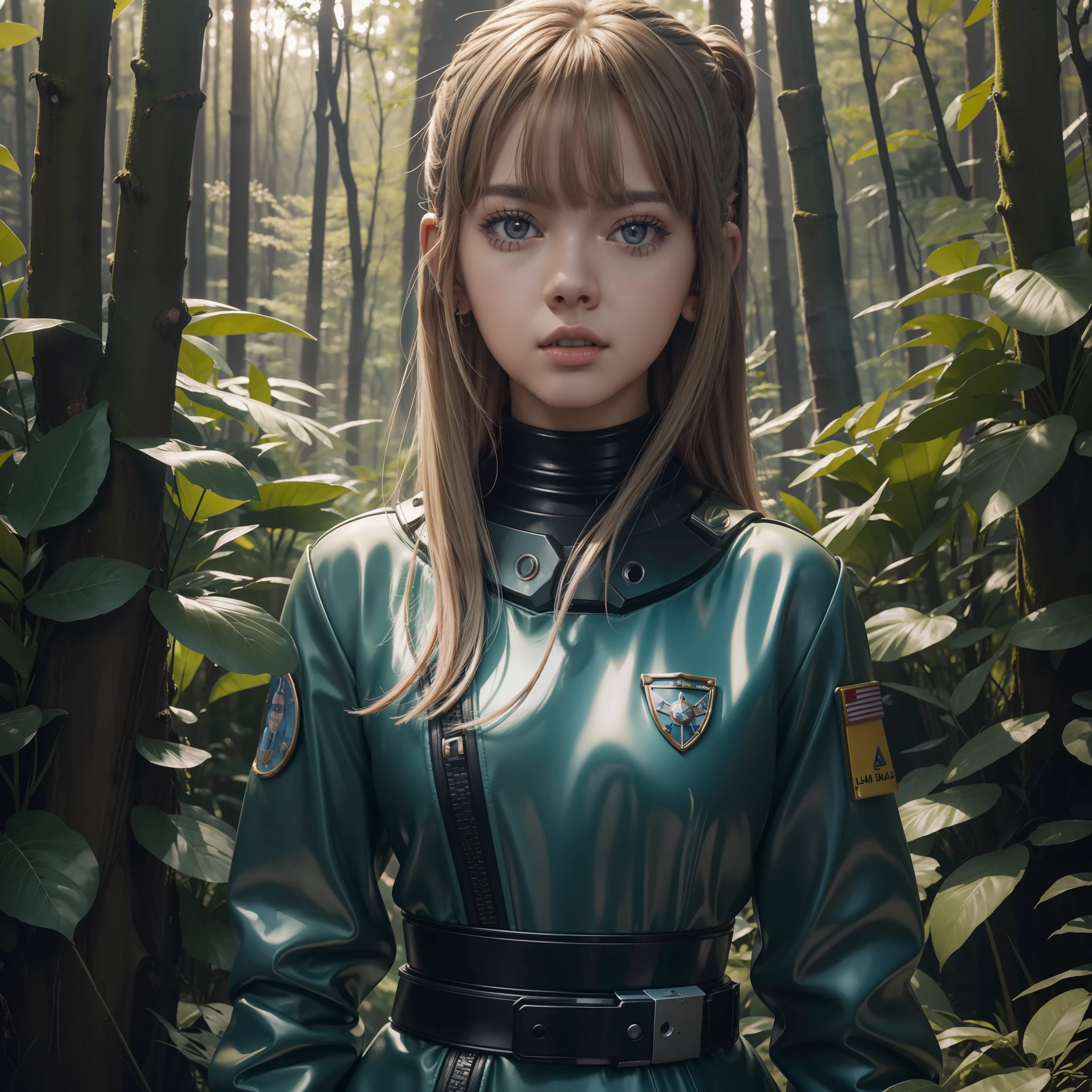 (((hd closeup photo))),one standing Lalisa,as a space cadet,(((Lalisa))),looking at camera,25 years old,in forest