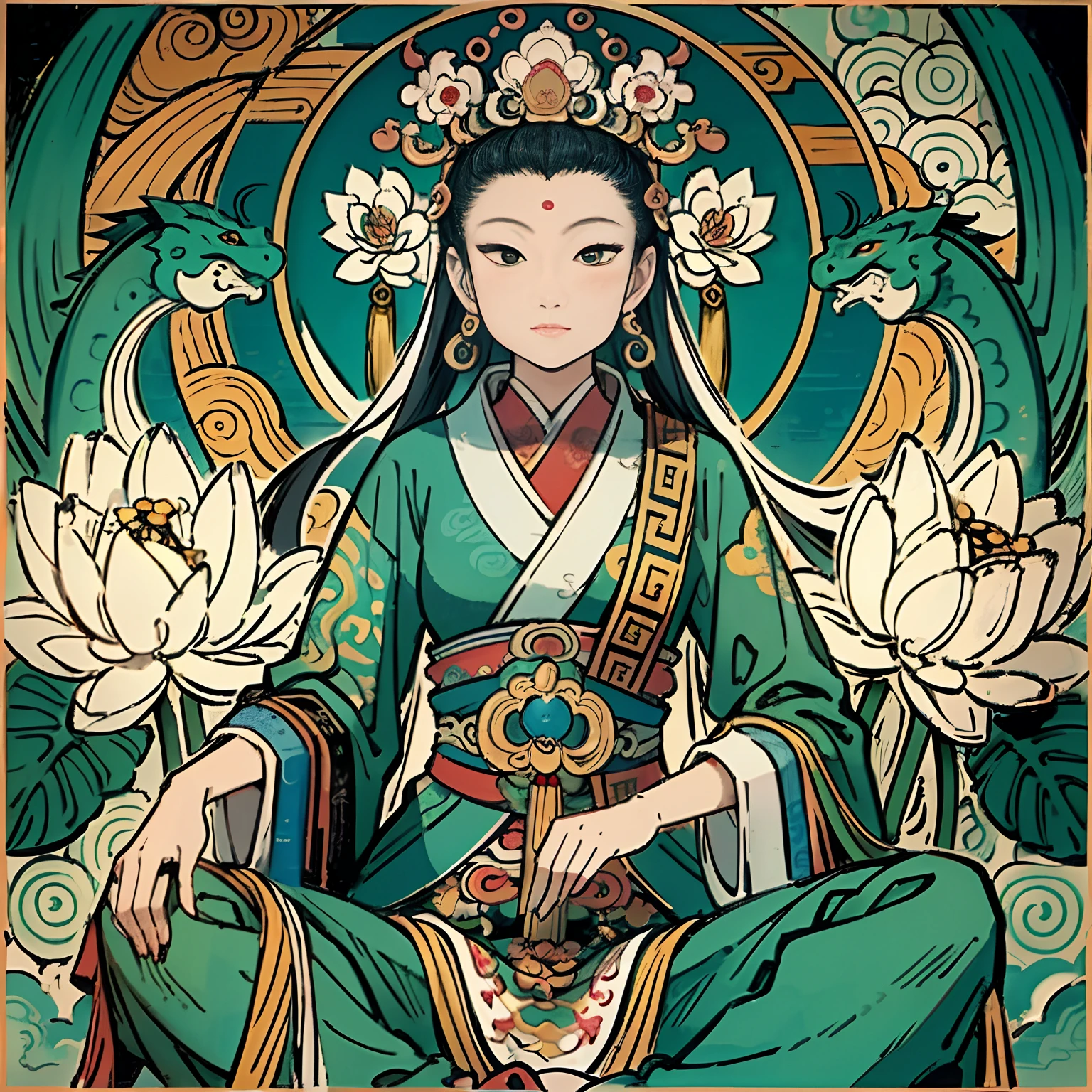 an ancient Chinese goddess, guanyin of the southern seas, Guanyin, Inspired by India, Avalokiteshvara Bodhisattva Dragon,,Serene expression,shui mo hua,Buddha,Buddhist,Lotus,Chinese painting style,Thangka style
