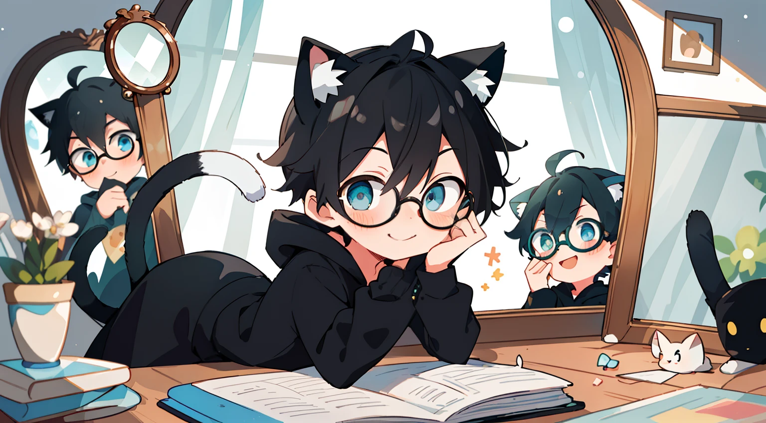 ((masterpiece)),(((best quality))), (high-quality, breathtaking),(expressive eyes, perfect face), 1boy, solo, male, short, young,  boy, short black hair, aquamarine eyes, cat ears,cat tail, smiling, wearing round glasses, blushing, oversize hoodie, black short shorts, stuff animal, cute,stand in front of the mirror